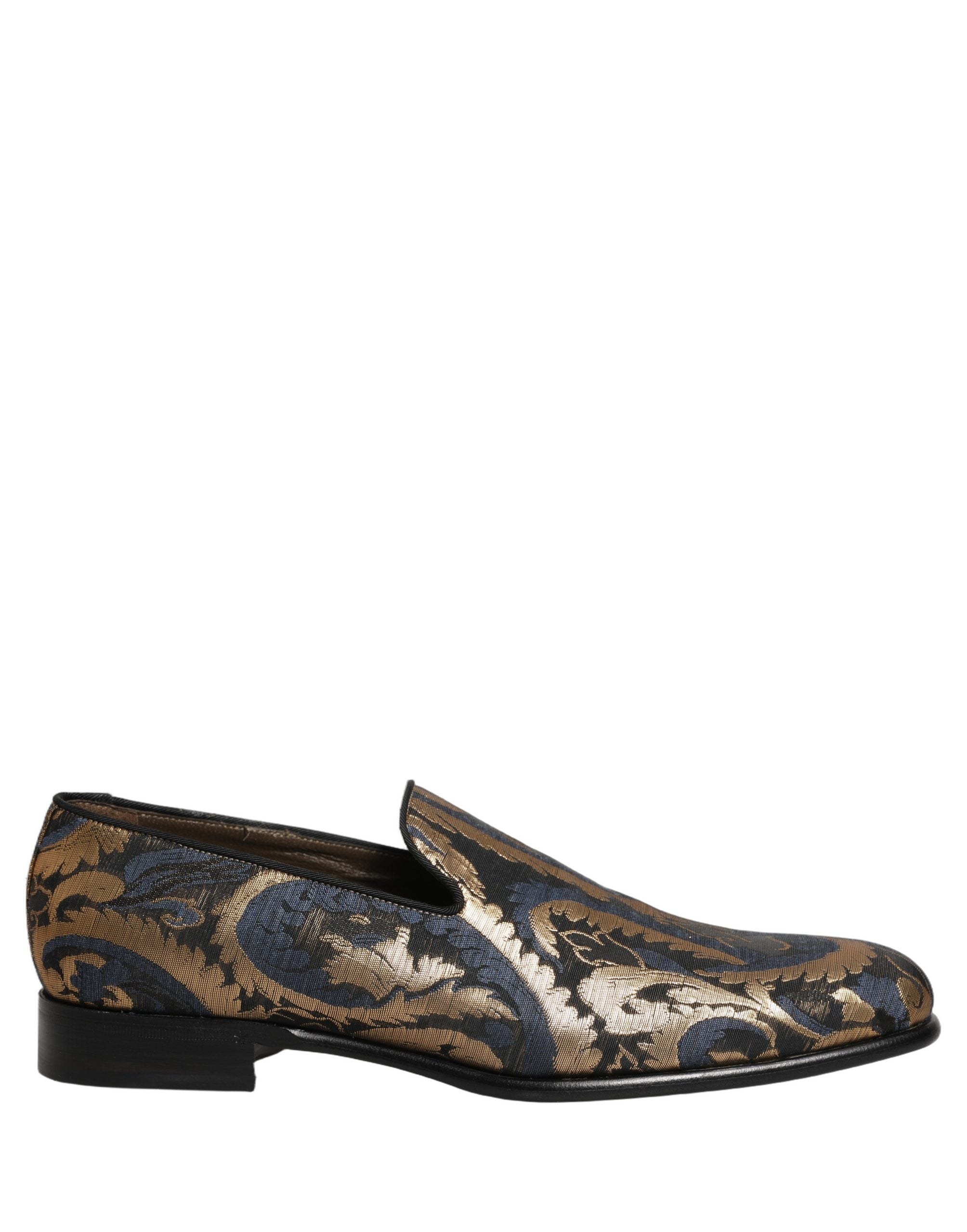 Chaussures mocassins homme Dolce & Gabbana en satin bleu à brocart, finition élégante et confortable.