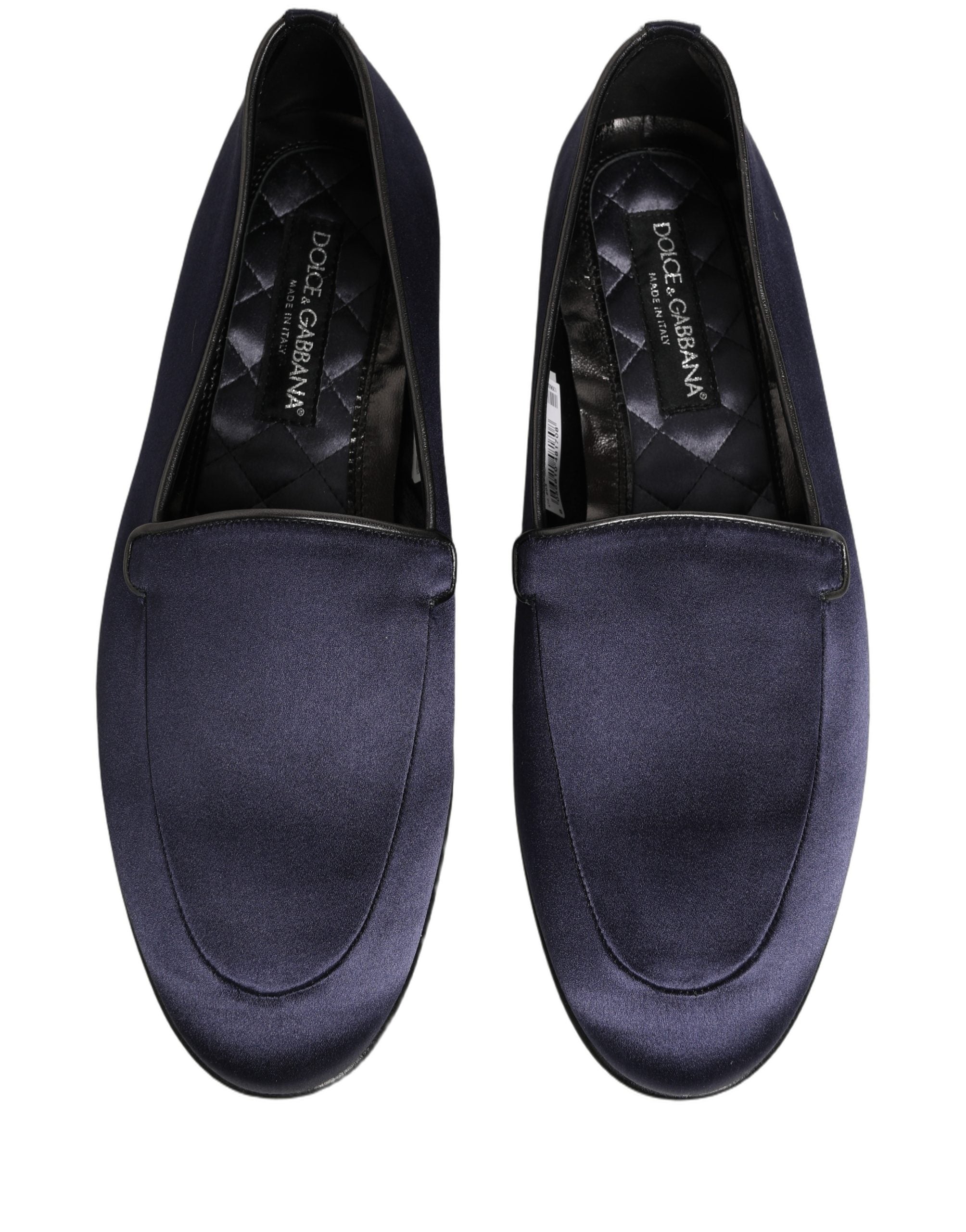 Chaussures Dolce & Gabbana, mocassins en satin bleu avec logo, slip-on élégants pour femmes.