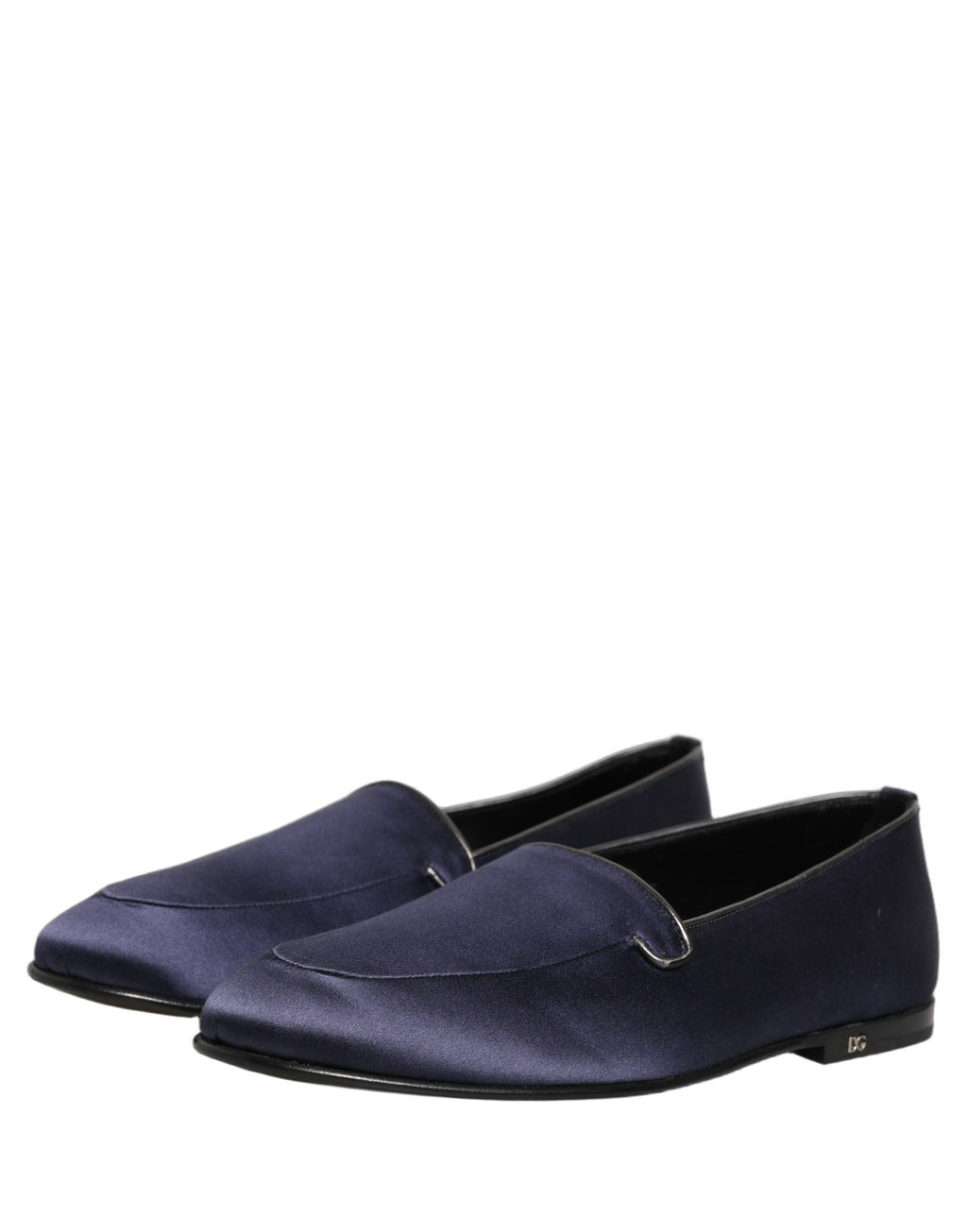 Chaussures slip-on Dolce & Gabbana en satin bleu avec logo, mocassins élégants pour femmes.