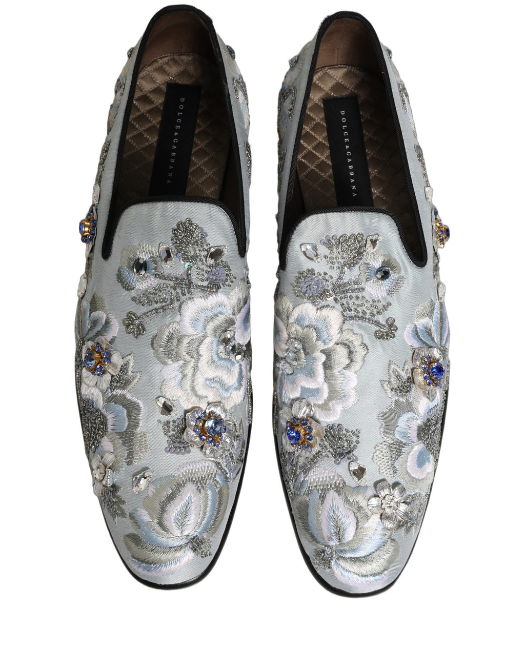 Mocassins pour hommes Dolce & Gabbana blancs avec motifs floraux et ornements, chaussures élégantes en cuir.