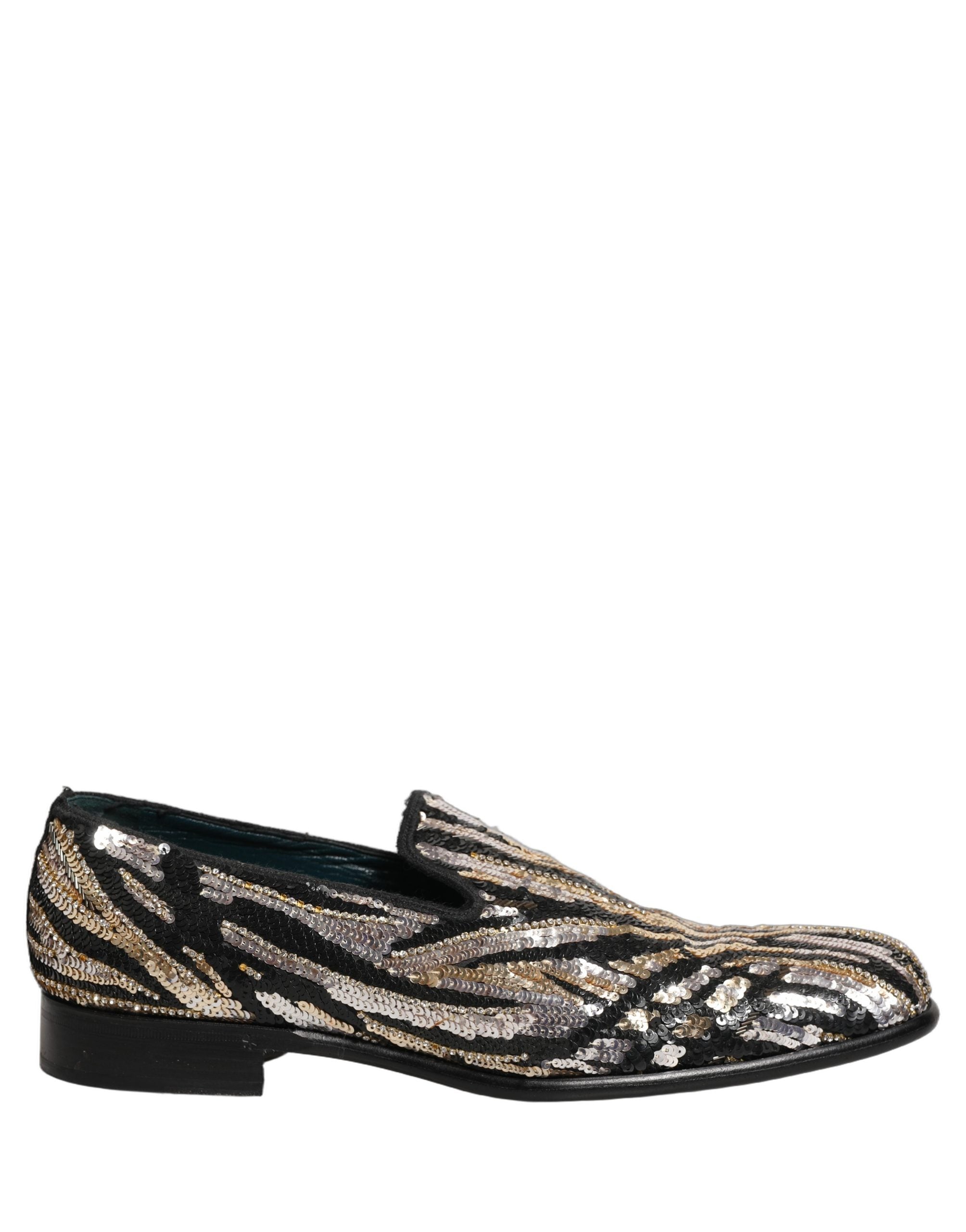 Chaussures mocassins Dolce & Gabbana dorés à rayures avec sequins et embellissements pour un look élégant et sophistiqué.