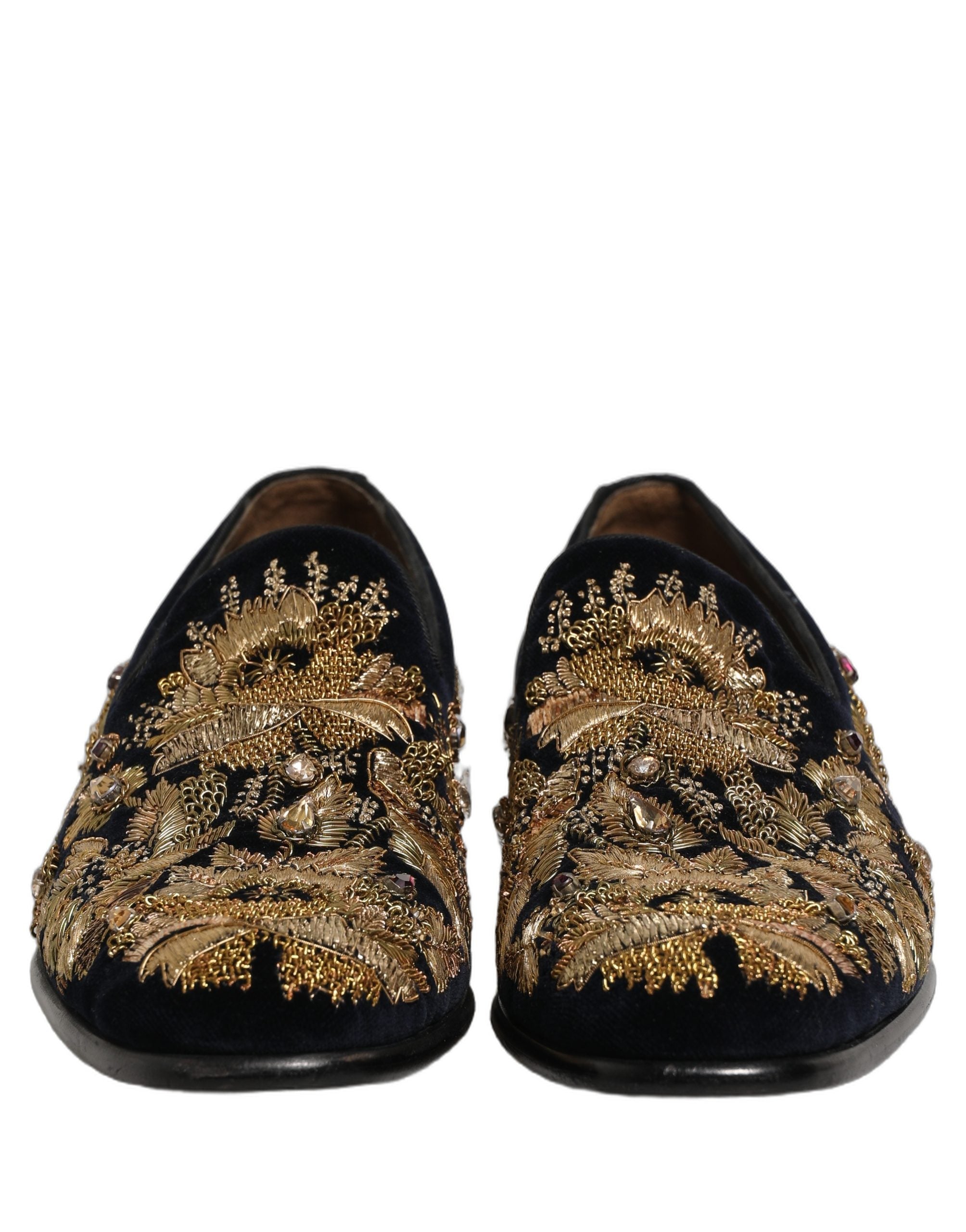 Chaussures loafers Dolce & Gabbana noires à ornementation brodée élégante, en cuir, pour femme.