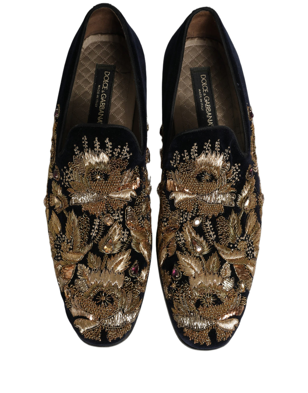 Chaussures loafers Dolce & Gabbana noires avec broderies dorées élégantes et détails raffinés.