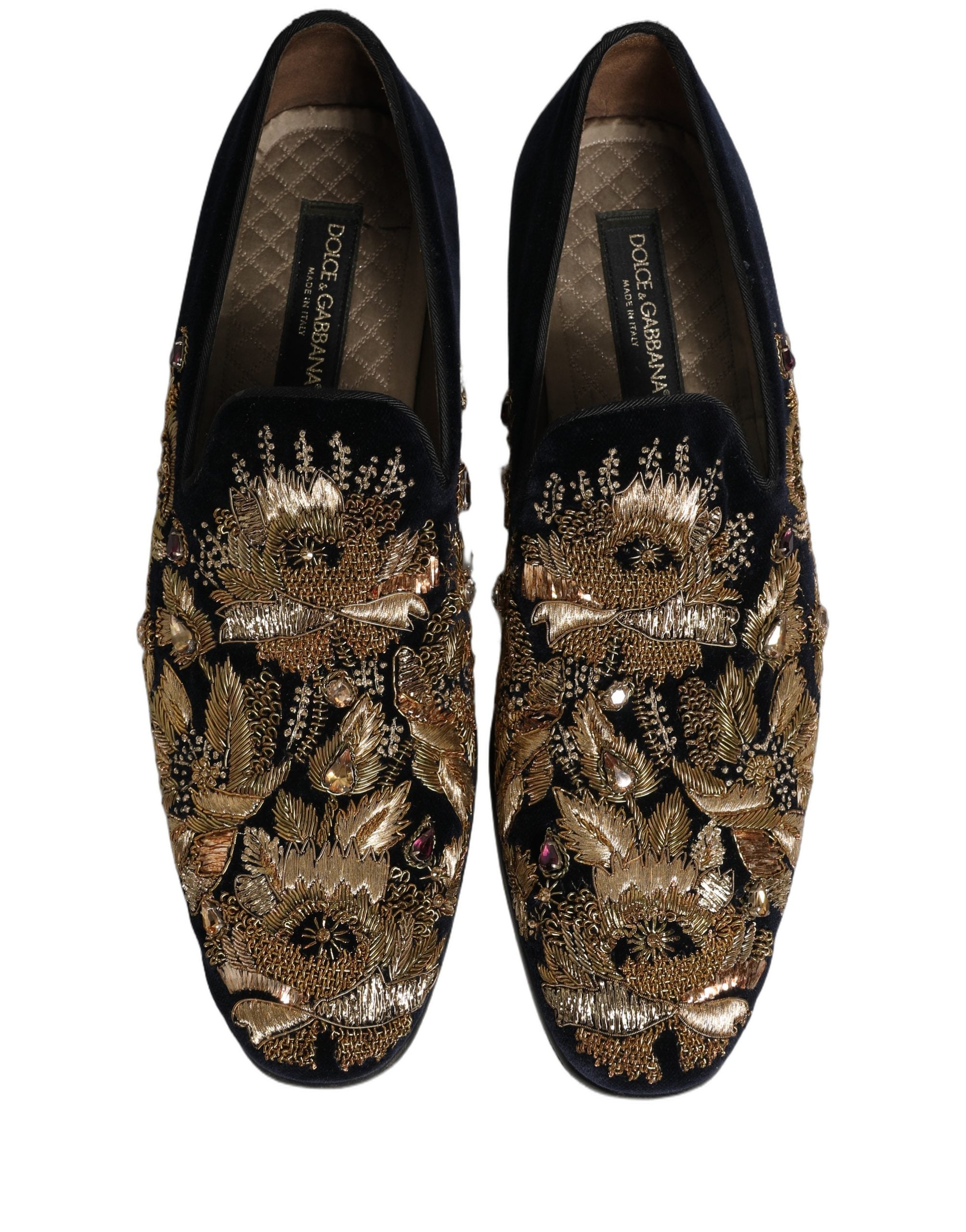 Chaussures loafers Dolce & Gabbana noires avec broderies dorées élégantes et détails raffinés.