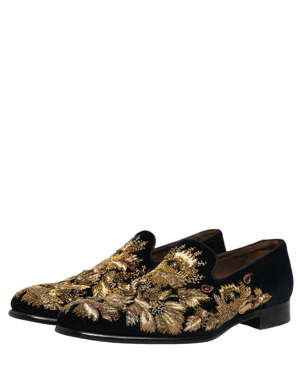 Chaussures loafers Dolce & Gabbana noires avec broderie or, élégantes et sophistiquées, vues de face.