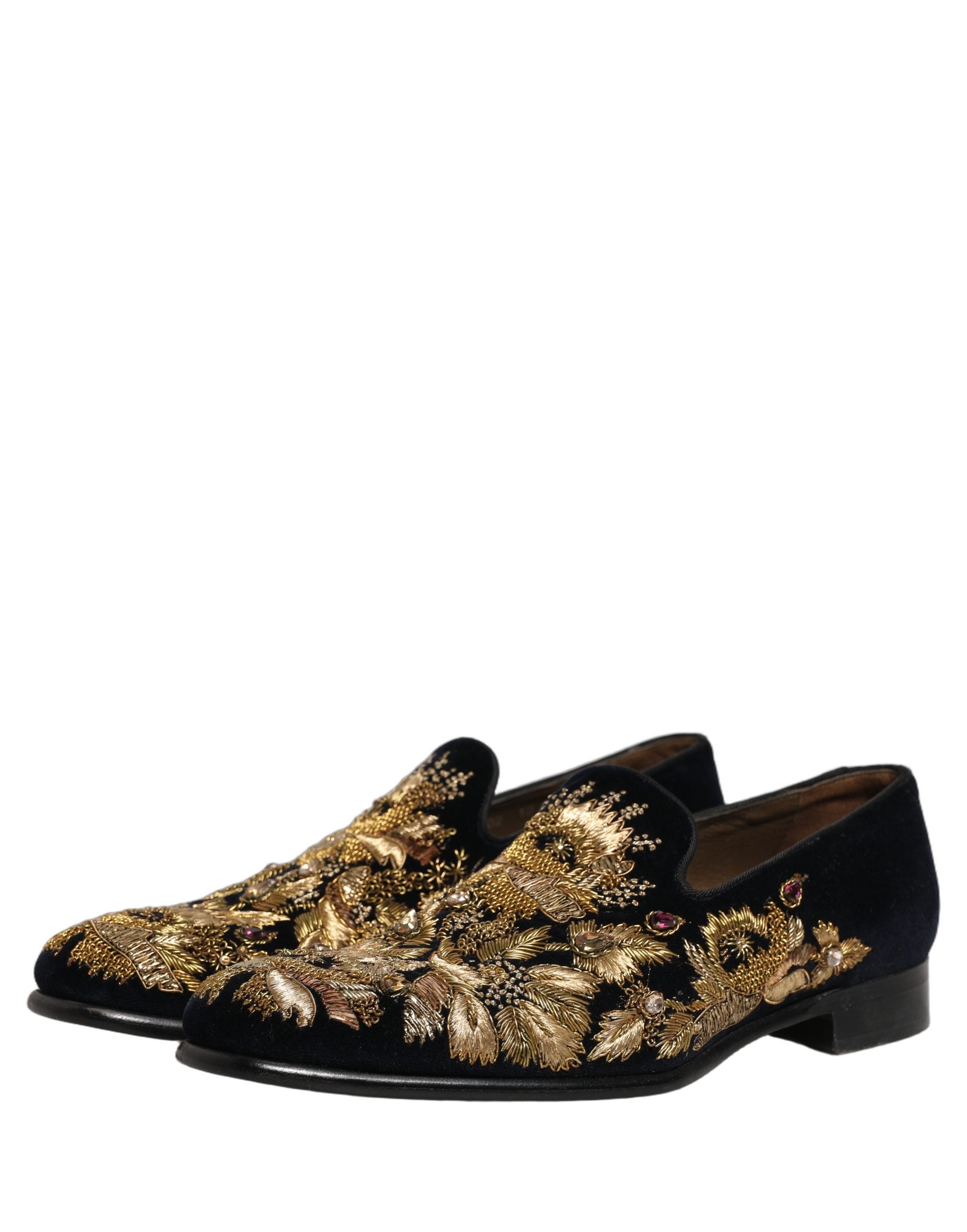 Chaussures loafers Dolce & Gabbana noires avec broderie or, élégantes et sophistiquées, vues de face.
