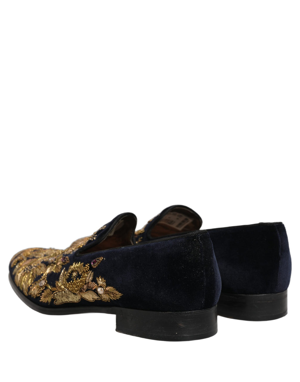 Chaussures loafers Dolce & Gabbana noires avec broderies dorées, élégantes et sophistiquées, vues de face sur fond blanc.