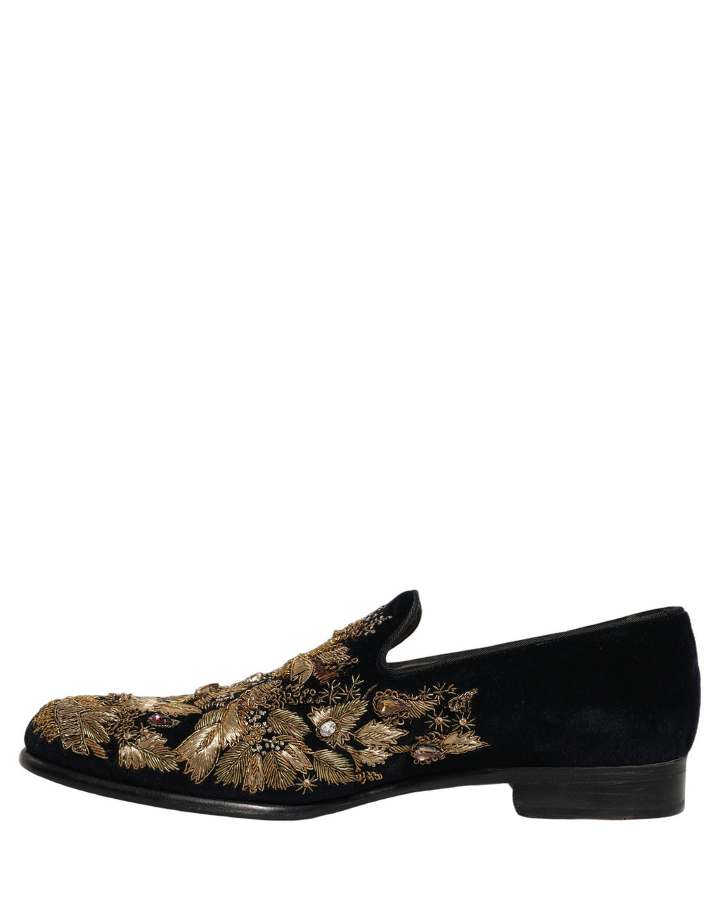 Chaussures loafers Dolce & Gabbana noires avec broderie dorée, élégantes et raffinées, vues de face.