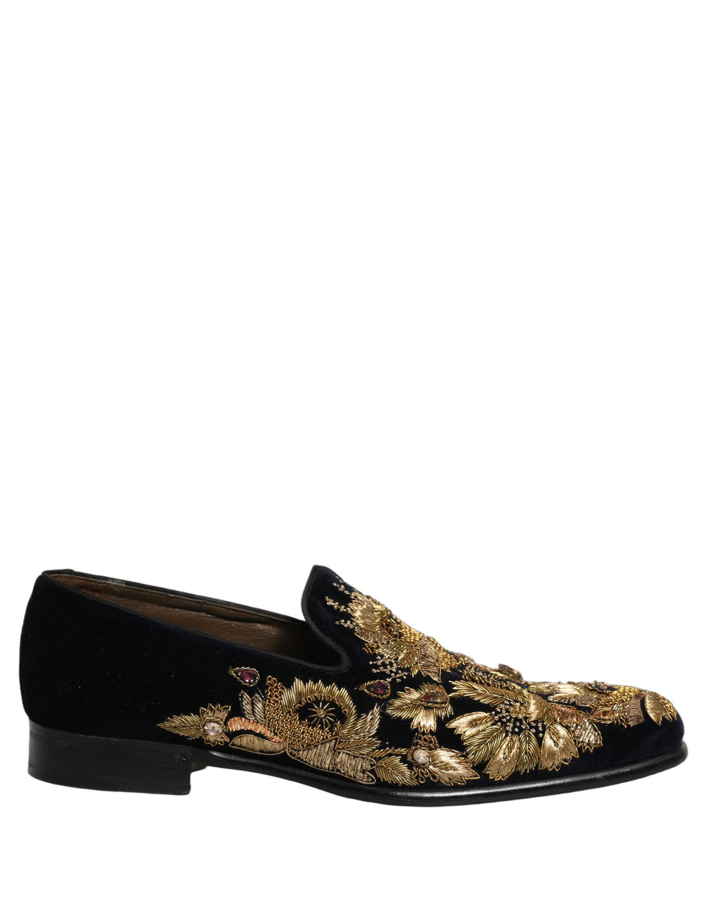 Chaussures loafers Dolce & Gabbana noires avec broderie or, élégantes et sophistiquées, pour un style chic et raffiné.