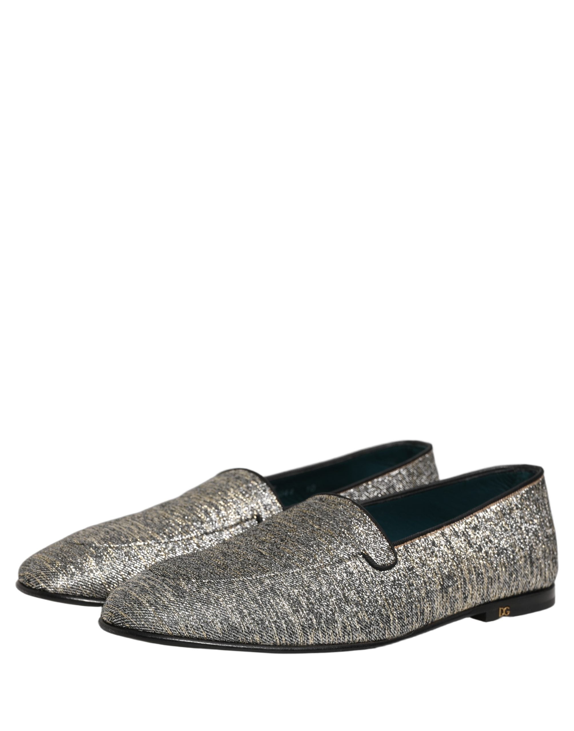 Chaussures loafers pour homme Dolce & Gabbana gris lurex à paillettes, élégantes et brillantes, en cuir avec détails sophistiqués.