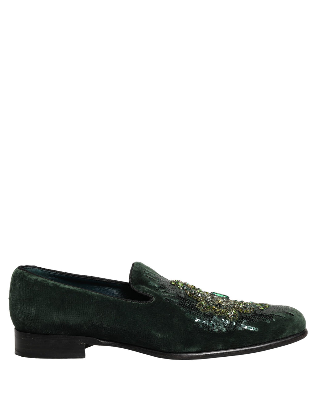 Chaussures loafers Dolce & Gabbana en velours vert avec embellissements, vue de face.