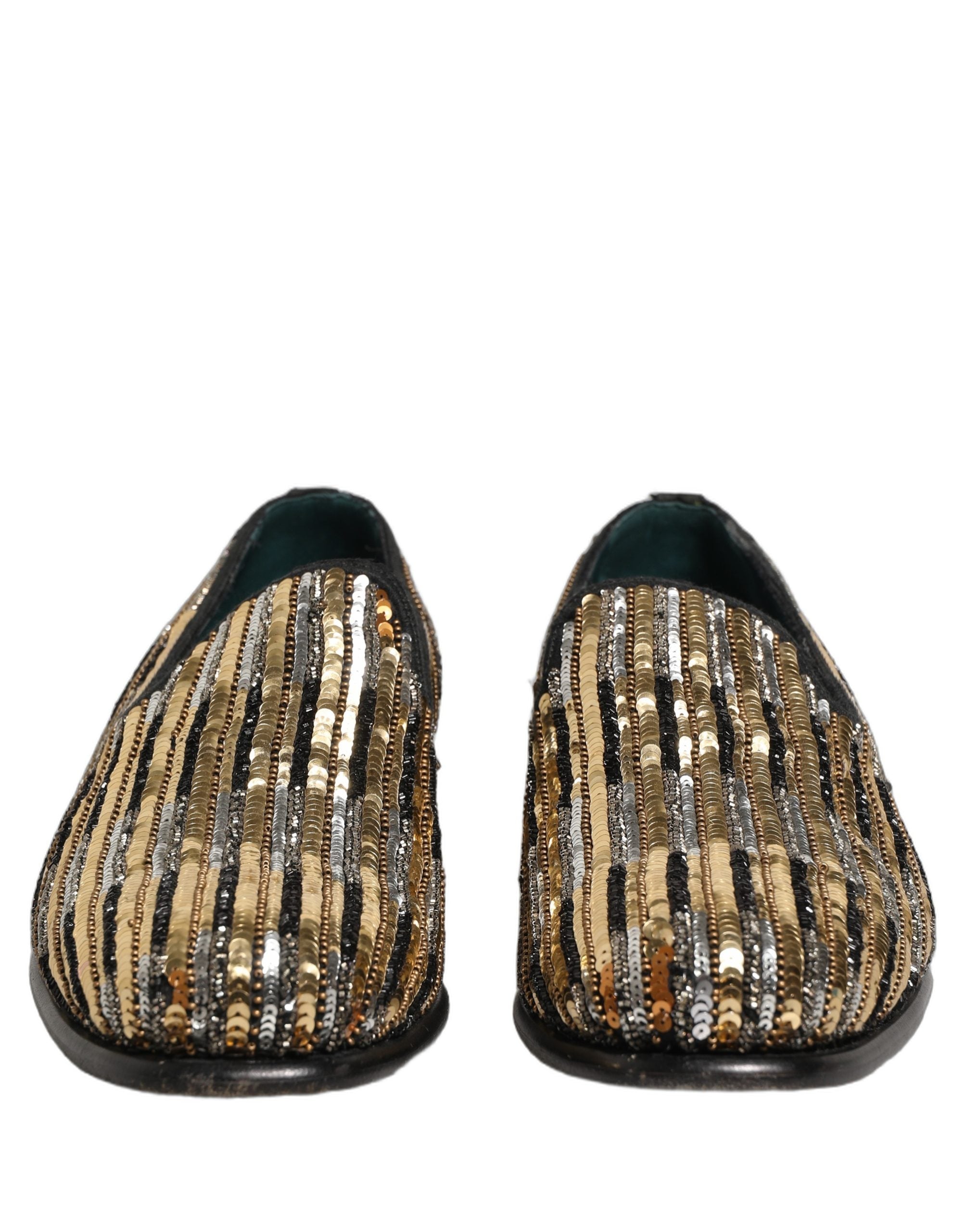Chaussures mocassins Dolce & Gabbana dorées à rayures avec sequins et embellissements, élégantes et sophistiquées.