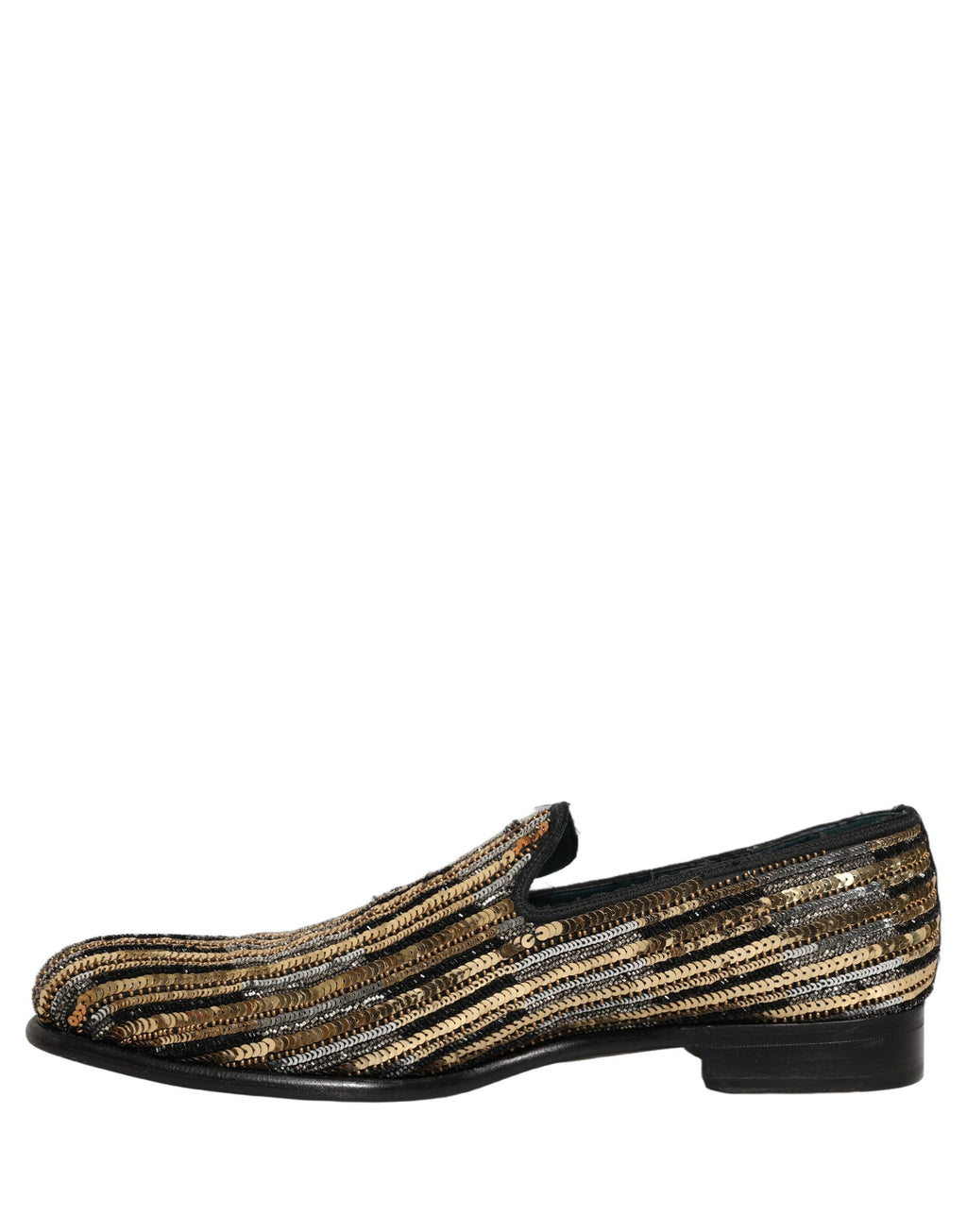 Chaussures loafers Dolce & Gabbana en sequins dorés et rayures, élégantes et ornées de détails brillants.