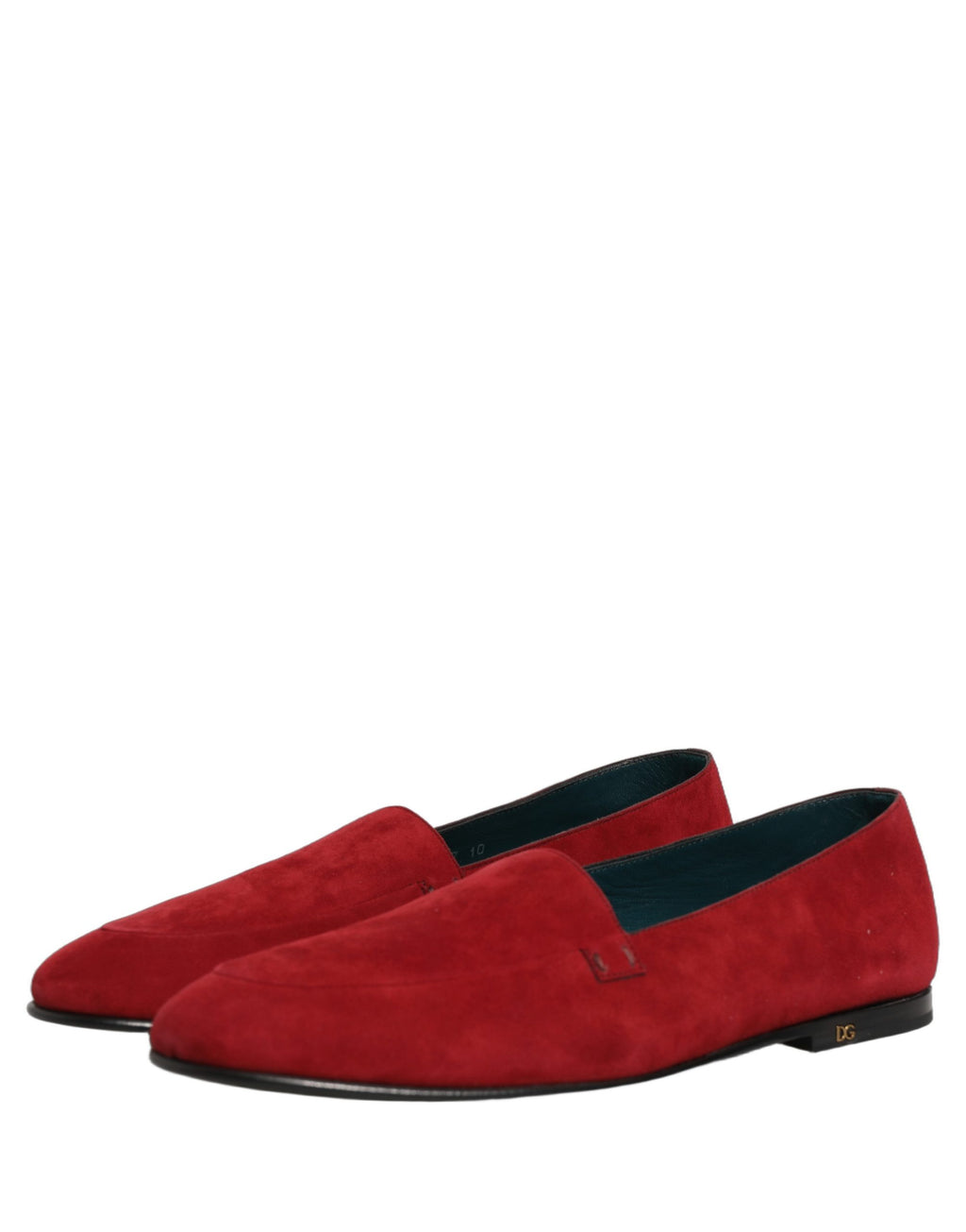 Chaussures Dolce & Gabbana en daim rouge, mocassins slip-on avec logo, élégantes et confortables pour femmes.