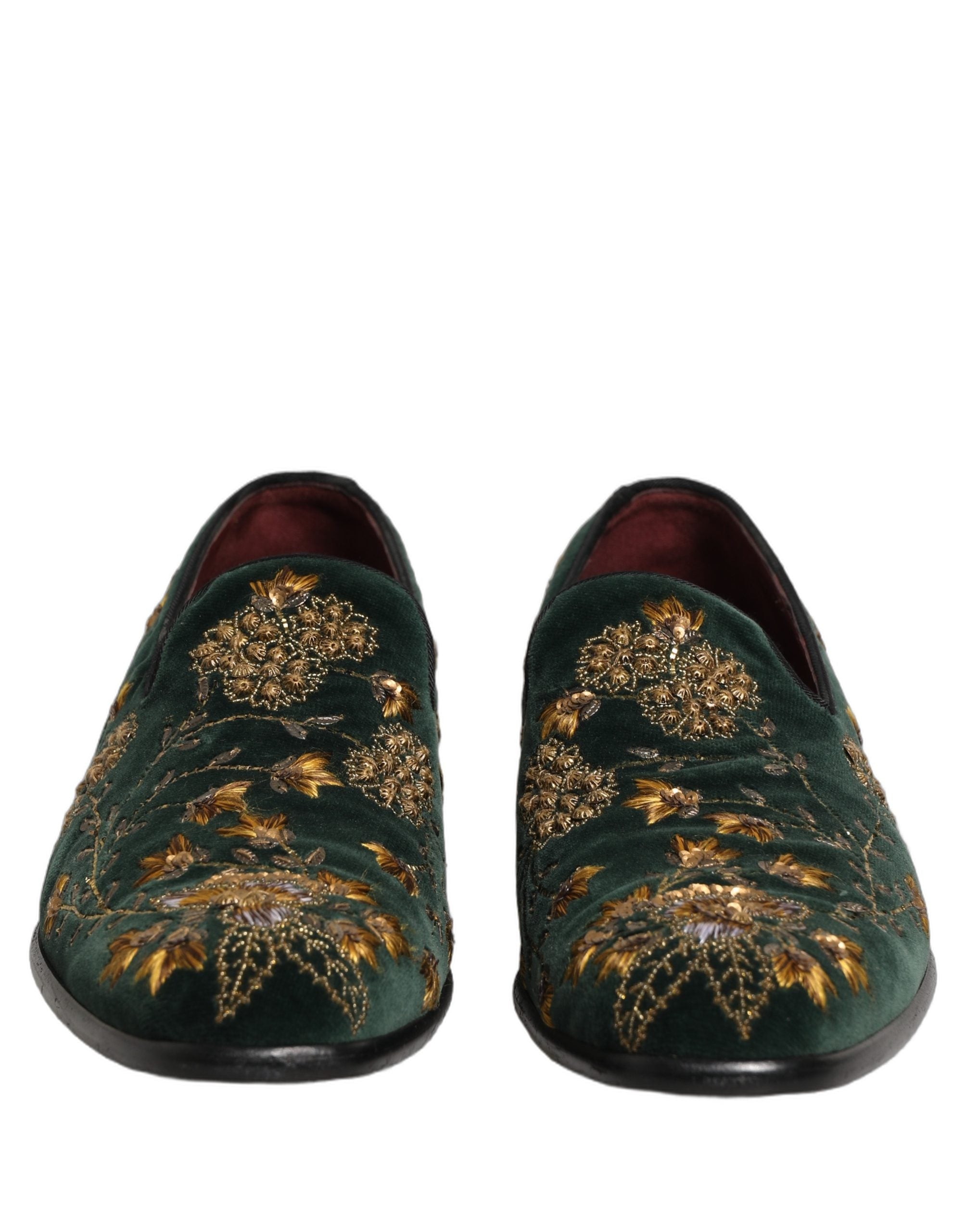 Chaussures loafers Dolce & Gabbana vertes avec broderie florale, élégantes et sophistiquées, visibles en détail.