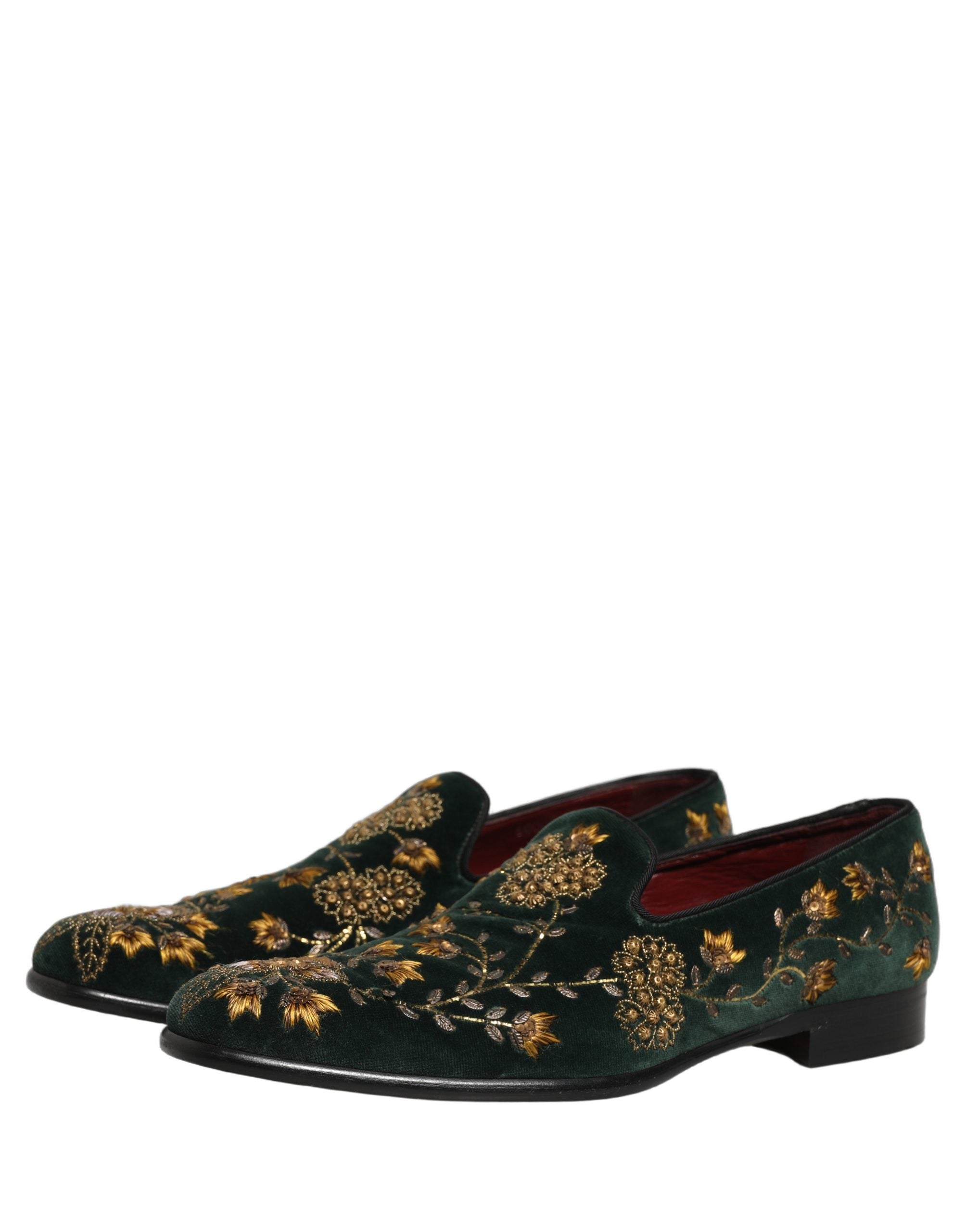 Chaussures mocassins Dolce & Gabbana vertes avec broderie florale, élégantes et raffinées.