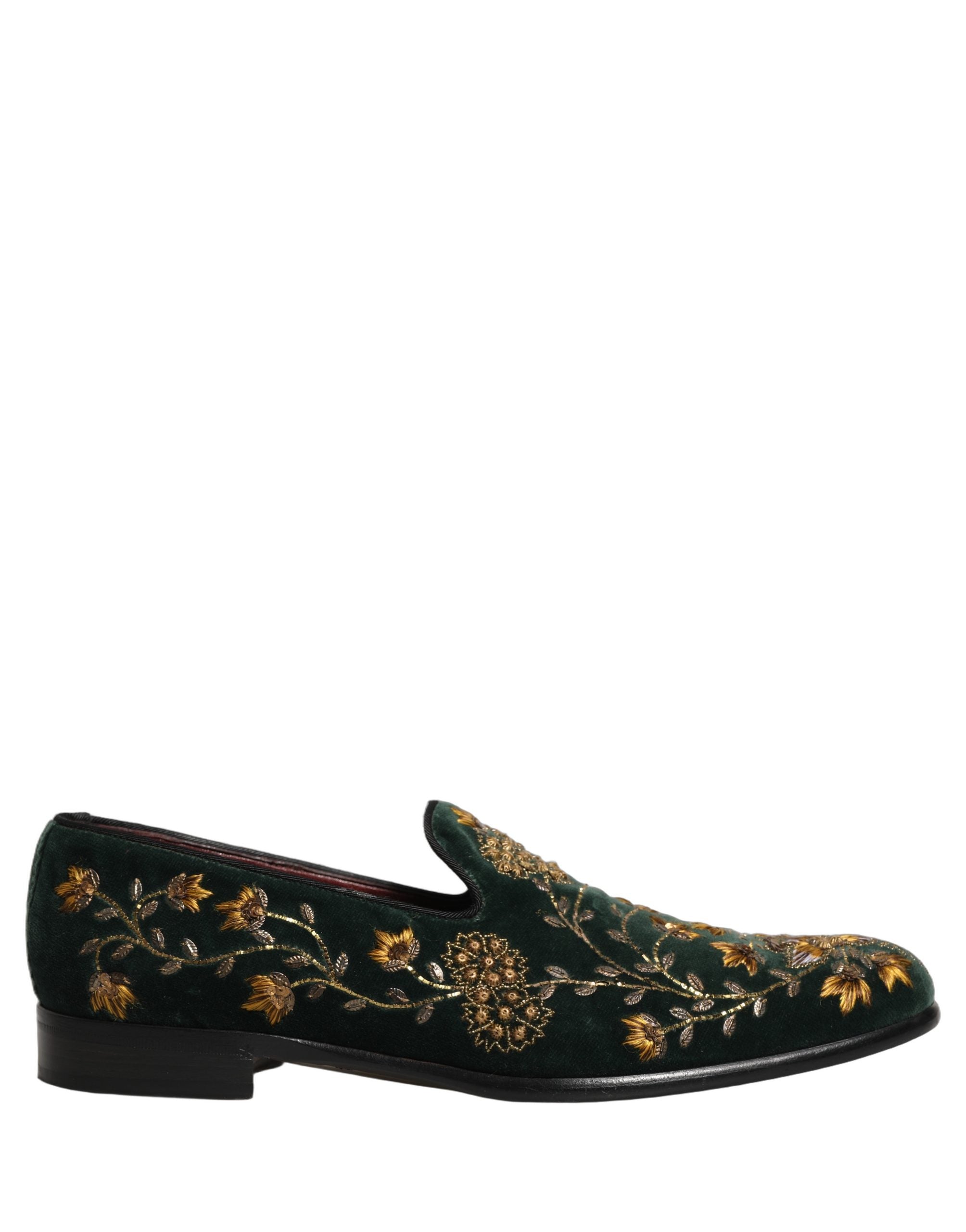 Chaussures Dolce & Gabbana en cuir vert avec broderie florale, style élégant et sophistiqué pour femmes.