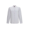 Chemise en lin blanche et noire de la marque Hugo Boss Black, détail des boutons et col classique visible.