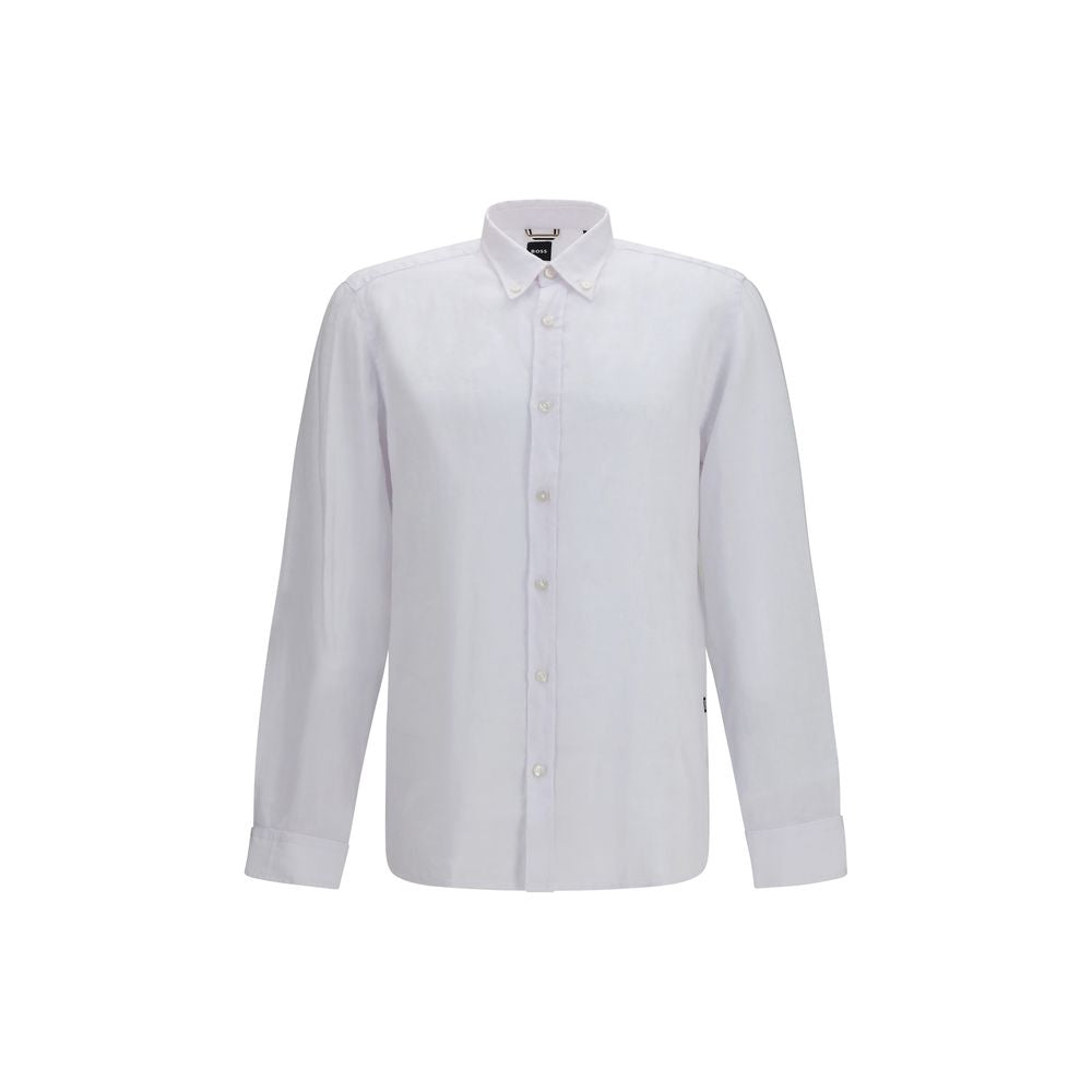 Chemise en lin blanche et noire de la marque Hugo Boss Black, détail des boutons et col classique visible.