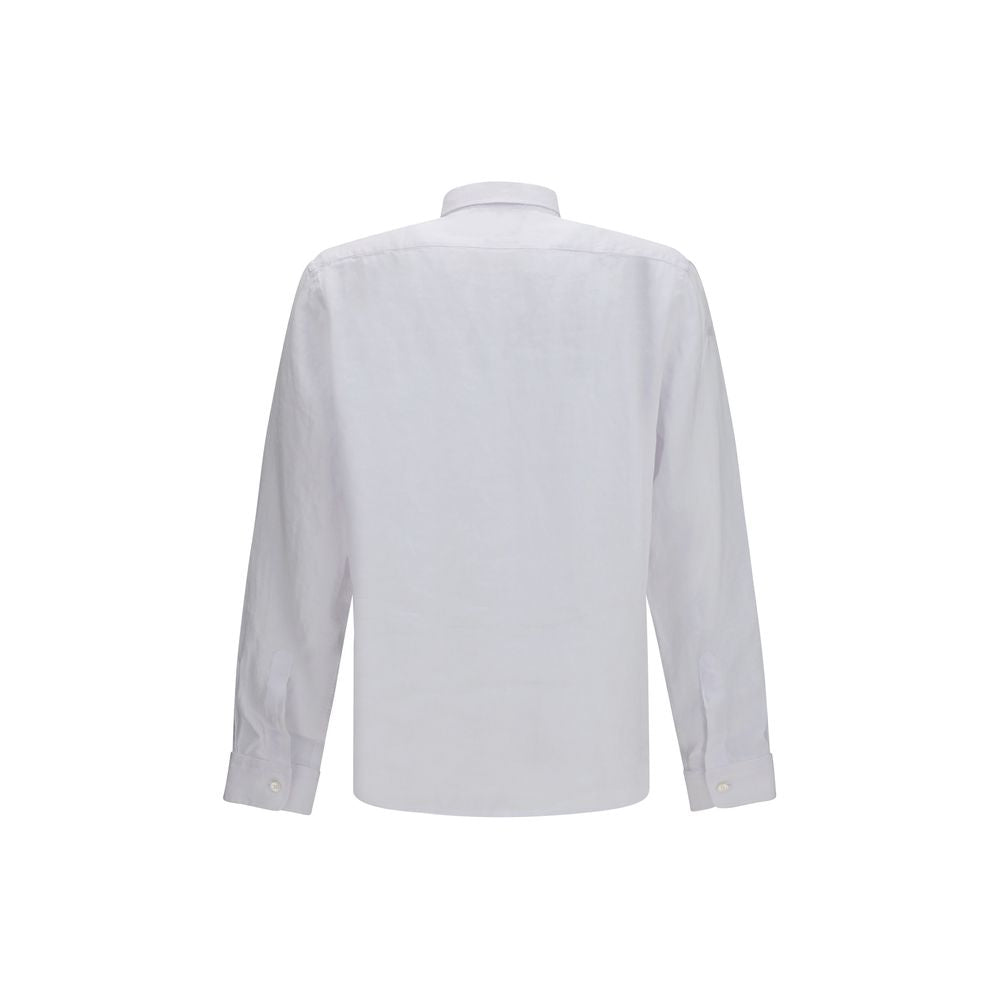Chemise en lin noire et blanche de la marque Hugo Boss Black, vue de face, avec col et boutons visibles.