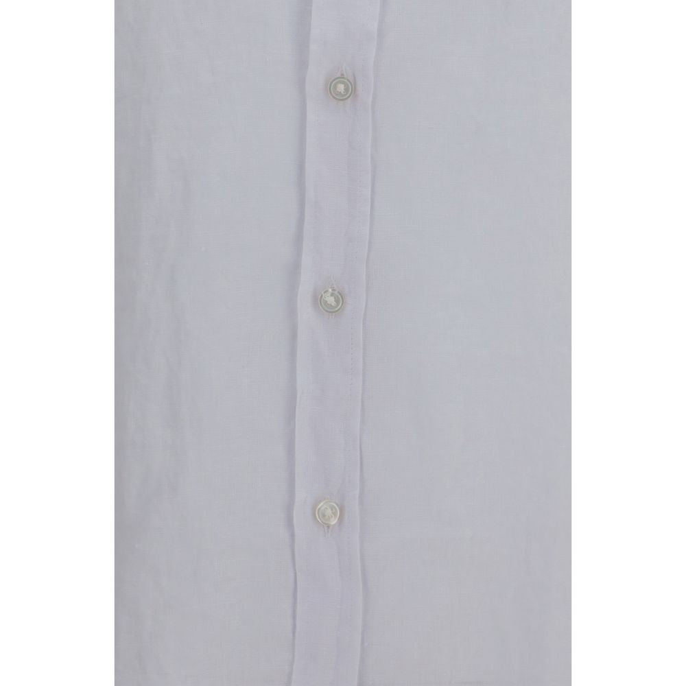 Chemise en lin noire et blanche pour homme de la marque Hugo Boss Black, détails du col et boutons visibles.