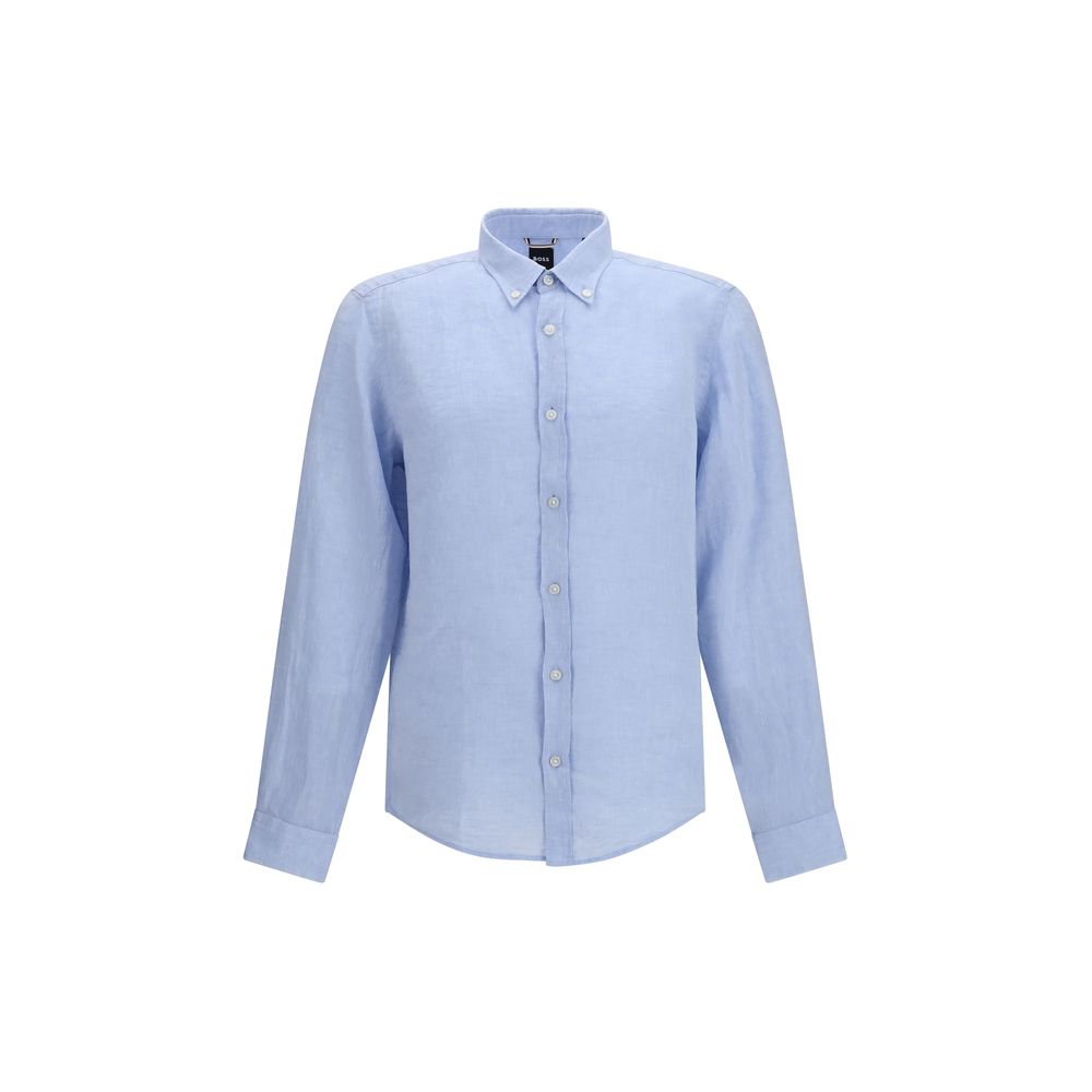 Chemise homme Hugo Boss Black en lin bleu et noir, avec col classique et boutons, vêtement élégant pour homme.