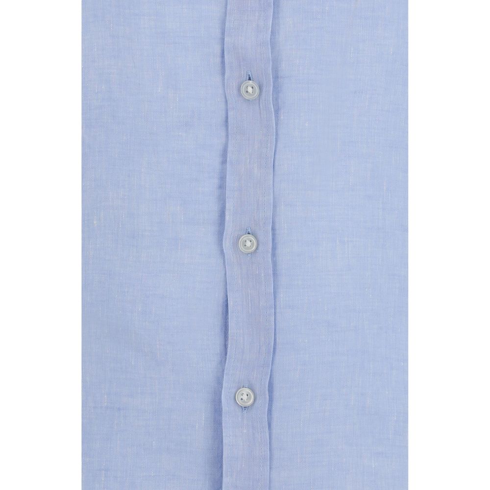 Chemise en lin noire et bleue Hugo Boss Black pour homme, vue de face avec col et boutons visibles.