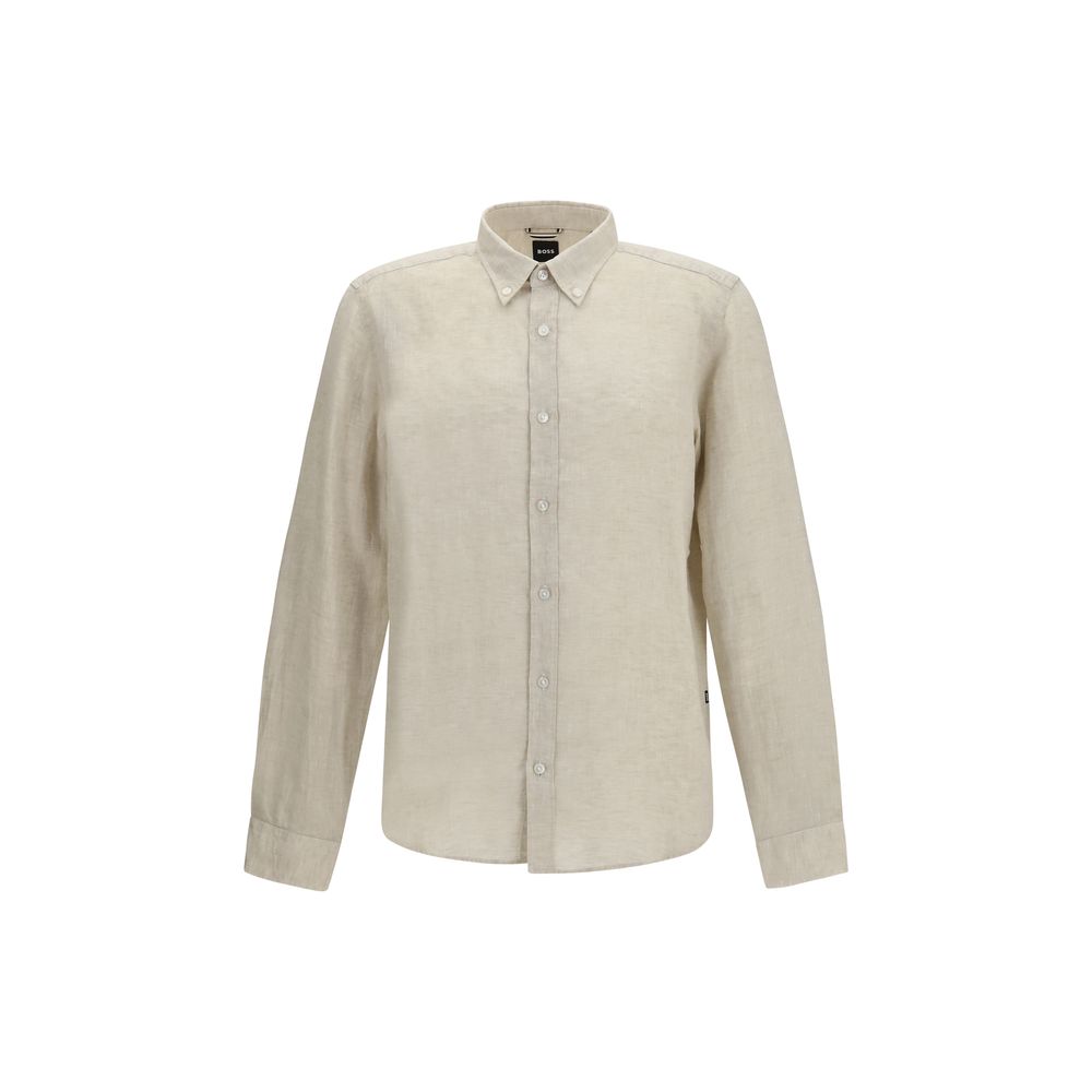 Chemise en lin noire et beige Hugo Boss Black, style élégant pour homme, détails visibles du tissu et du col.