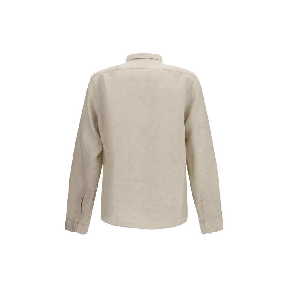 Chemise en lin noire et beige de la marque Hugo Boss Black, style élégant pour homme, vue détaillée du tissu et du col