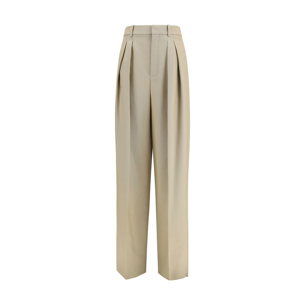 Pantalon beige en laine Saint Laurent Oves Aries, style élégant, coupe classique, visible sur l'image.