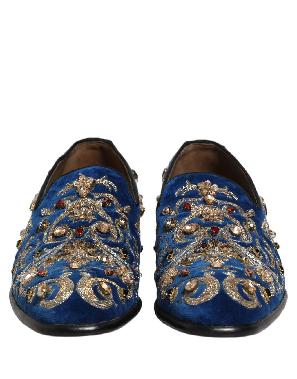 Chaussures loafers Dolce & Gabbana en velours bleu avec embellissements élégants et détails sophistiqués.