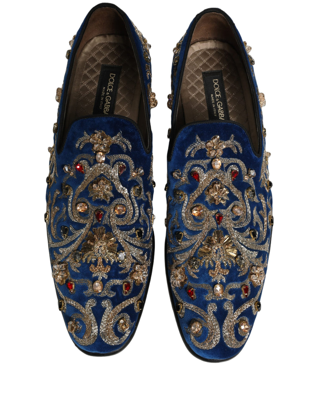 Chaussures mocassins Dolce & Gabbana en velours bleu avec embellissements, élégantes et modernes pour femmes.