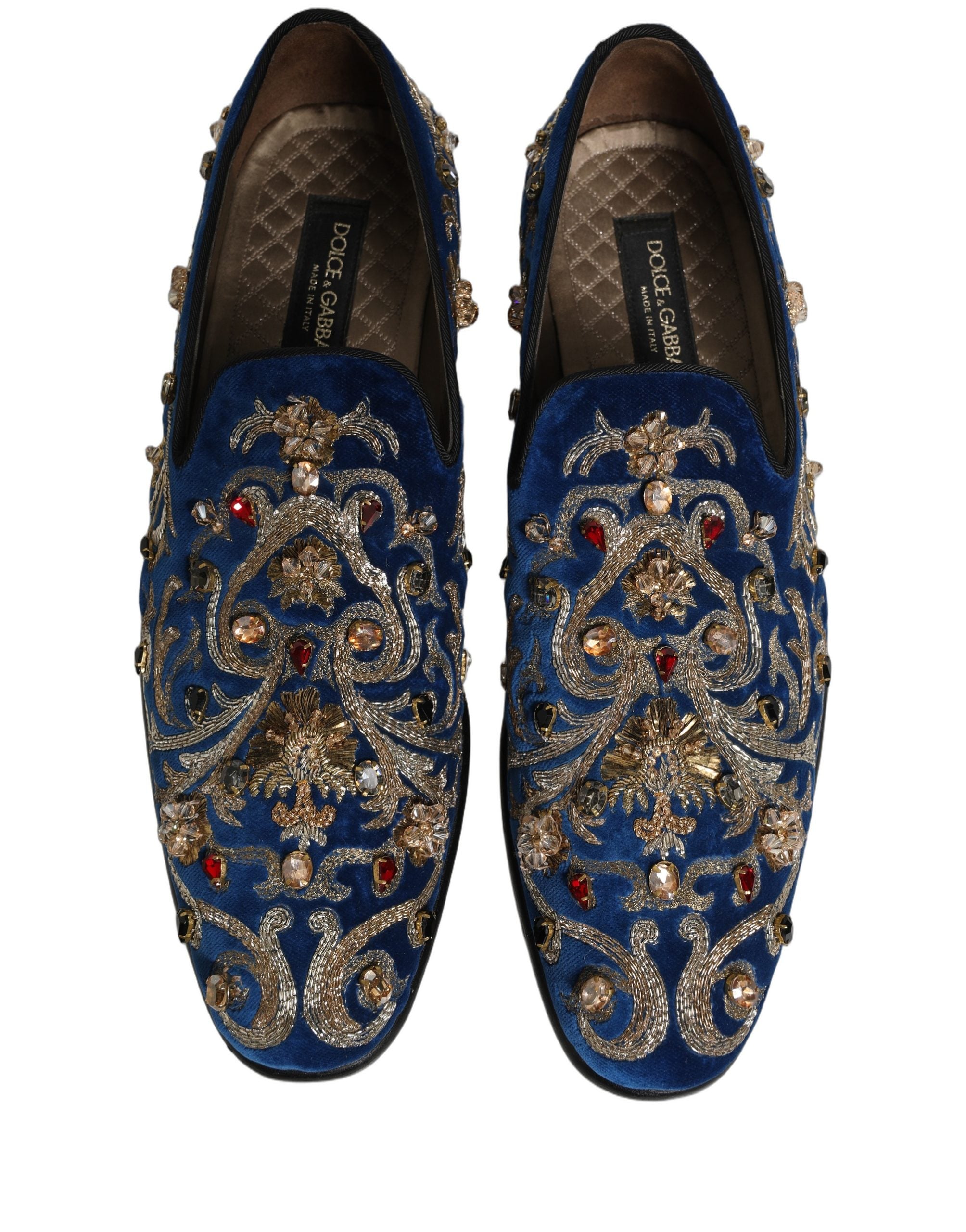 Chaussures mocassins Dolce & Gabbana en velours bleu avec embellissements, élégantes et modernes pour femmes.