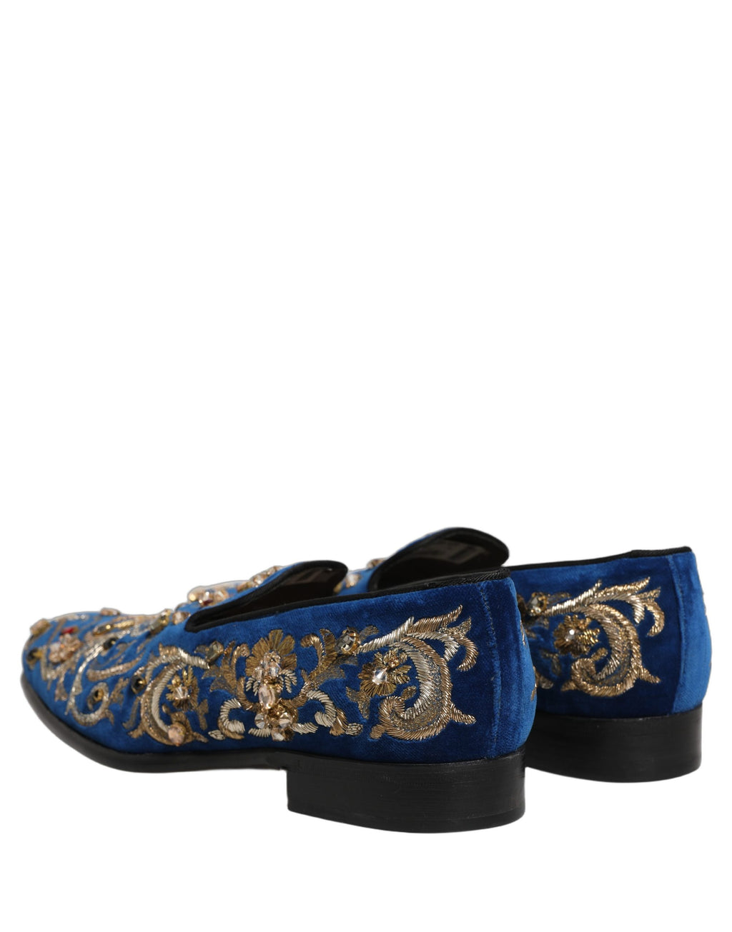 Chaussures loafers Dolce & Gabbana en velours bleu avec embellissements, style élégant et sophistiqué.
