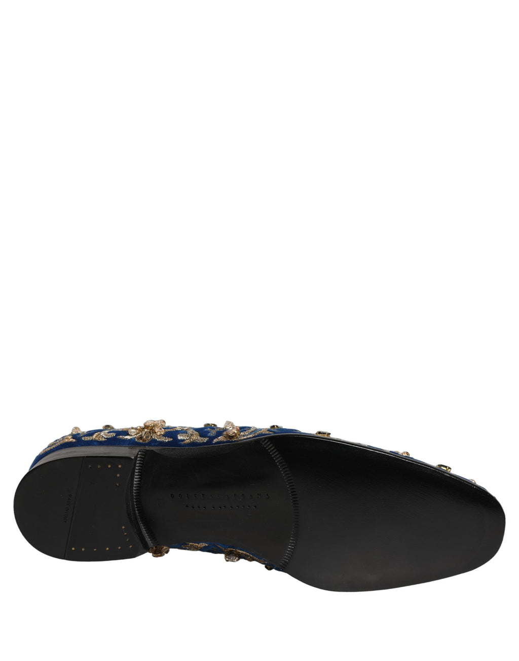 Chaussures loafers Dolce & Gabbana en velours bleu avec embellissements, élégantes et sophistiquées.