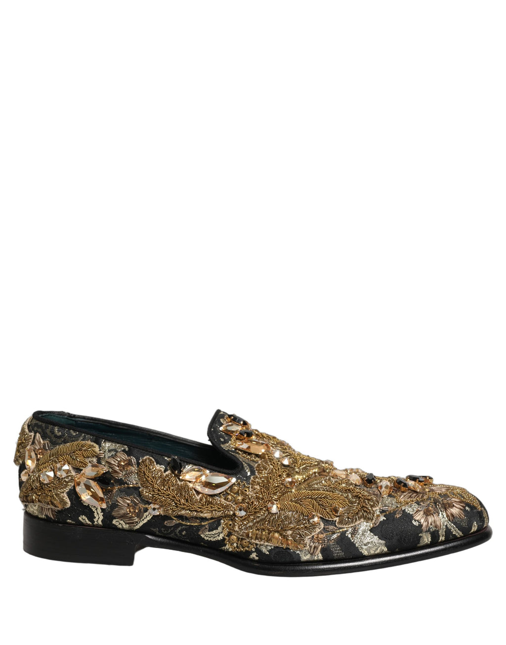 Chaussures loafers Dolce & Gabbana en velours noir avec embellissements, vue de face.