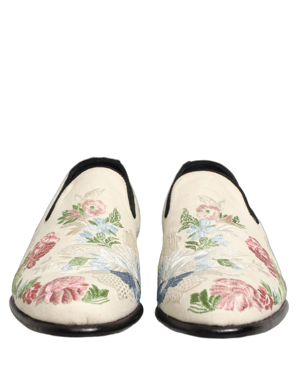 Chaussures loafers Dolce & Gabbana blanches avec broderie florale élégante, parfaites pour un style sophistiqué.