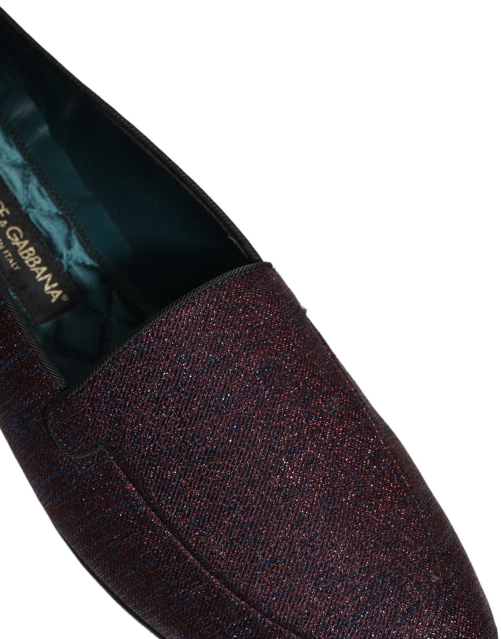 Chaussures loafers Dolce & Gabbana en glitter lurex bordeaux avec logo, style élégant et brillant.