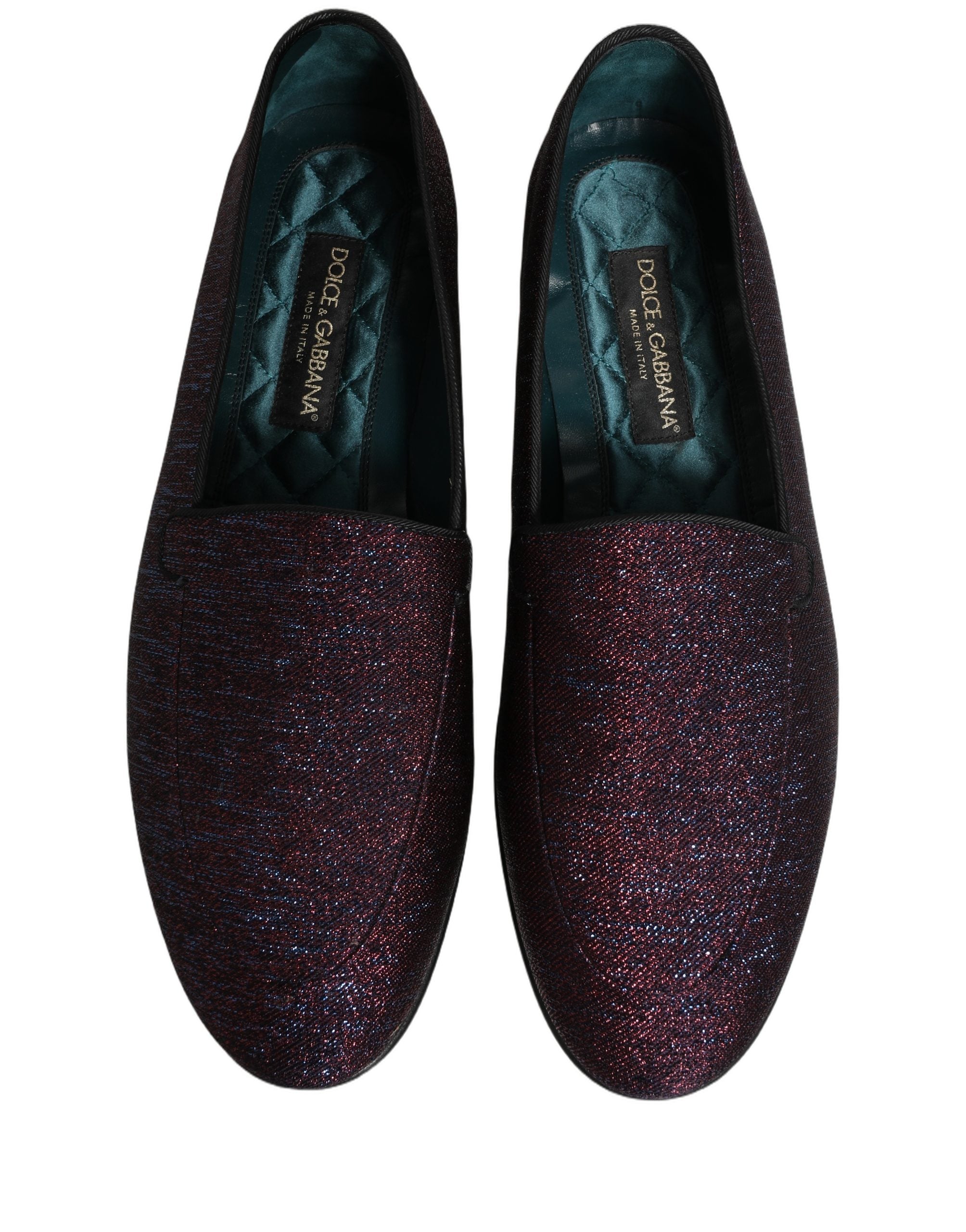 Chaussures loafers Dolce & Gabbana en lurex brillant bordeaux avec logo, élégantes et brillantes, pour un style sophistiqué.