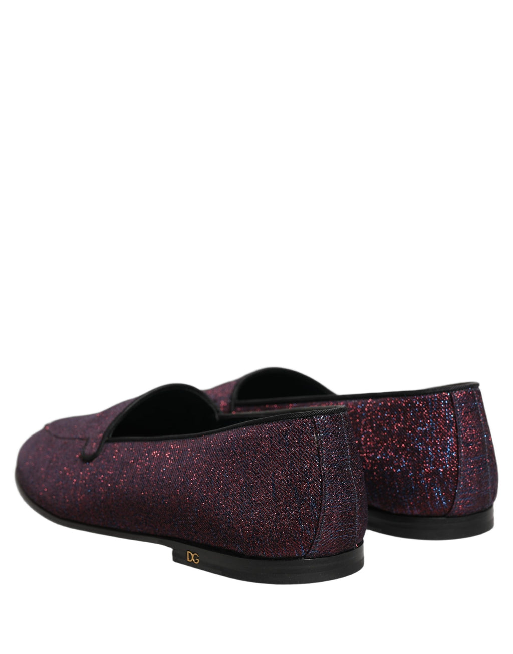 Chaussures loafers Dolce & Gabbana en glitter lurex bordeaux avec logo, style élégant et brillant, vues de face.