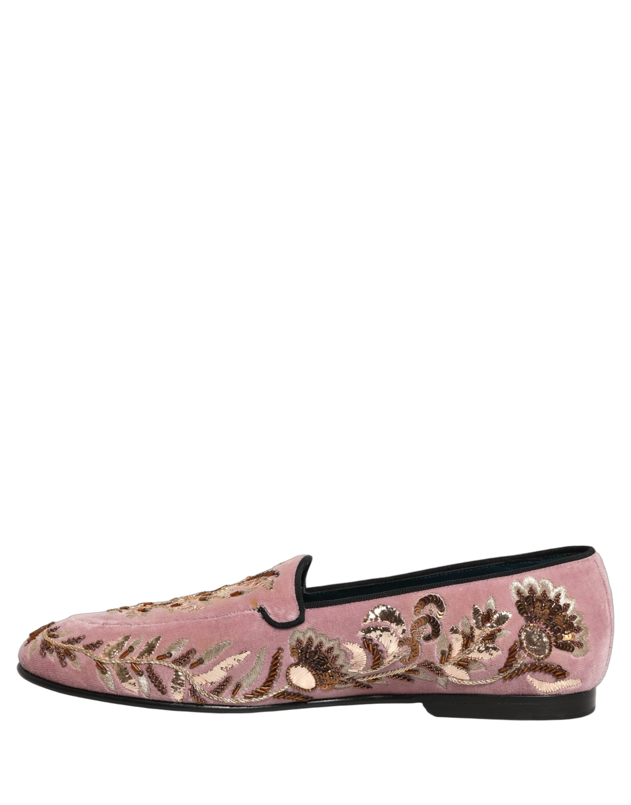 Chaussures mocassins Dolce & Gabbana en velours rose avec broderie florale, élégantes et confortables.