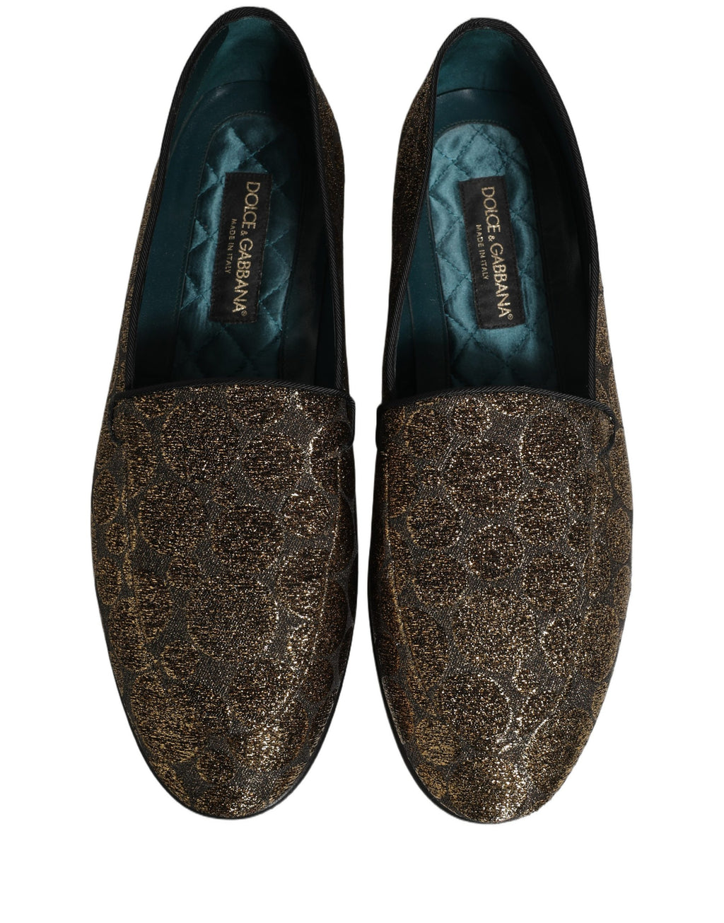 Chaussures mocassins pour homme Dolce & Gabbana en lurex doré et paillettes, slip-on élégants et brillants.