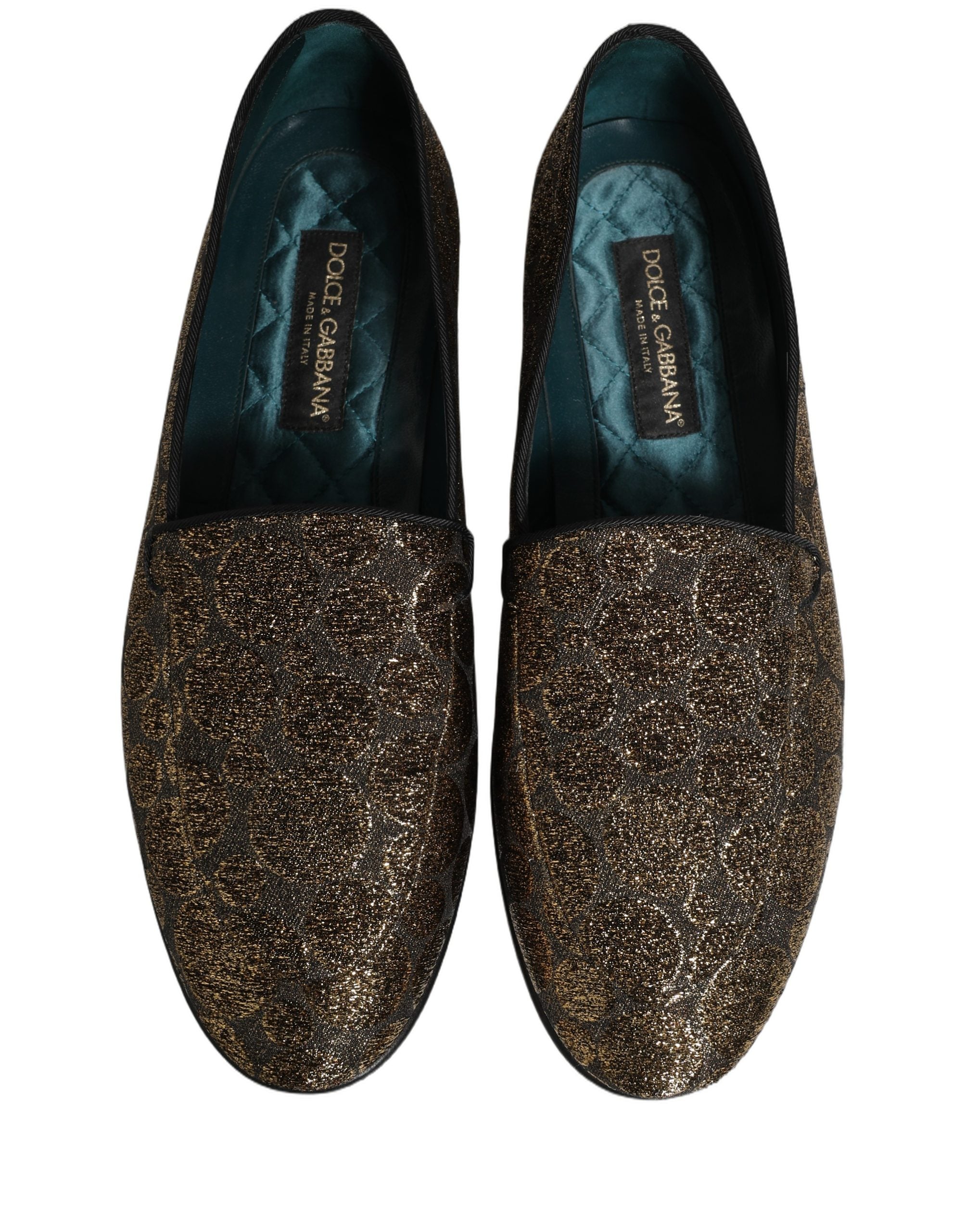 Chaussures mocassins pour homme Dolce & Gabbana en lurex doré et paillettes, slip-on élégants et brillants.