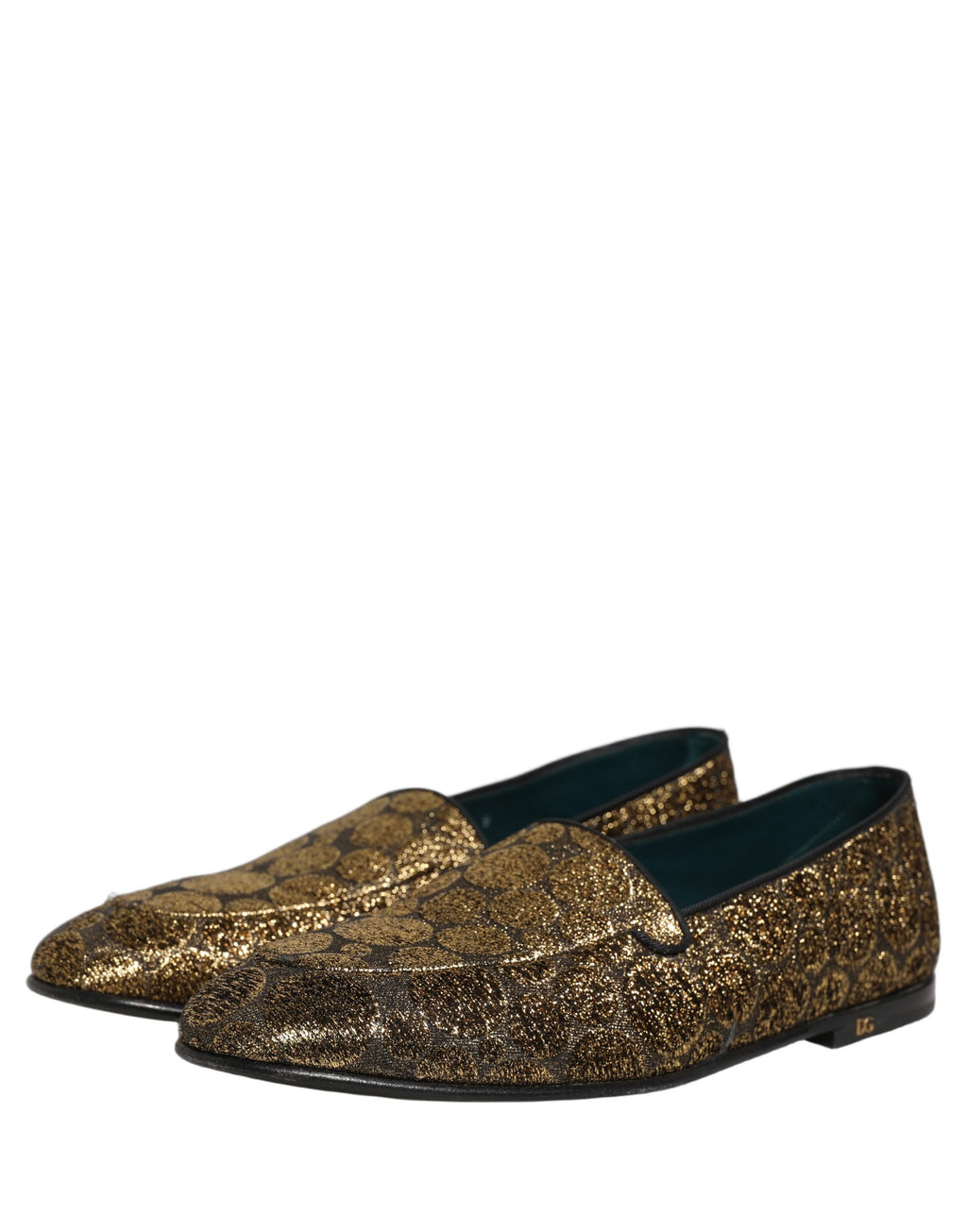 Chaussures slip-on Dolce & Gabbana pour hommes en lurex doré et paillettes, loafers élégants et brillants.