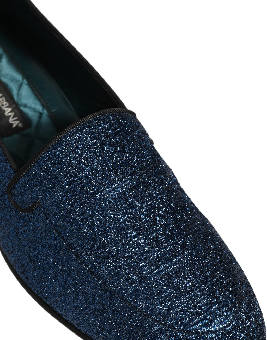 Chaussures Dolce & Gabbana Blue Glitter Lurex DG Logo, loafers élégants avec logo doré et finition brillante.