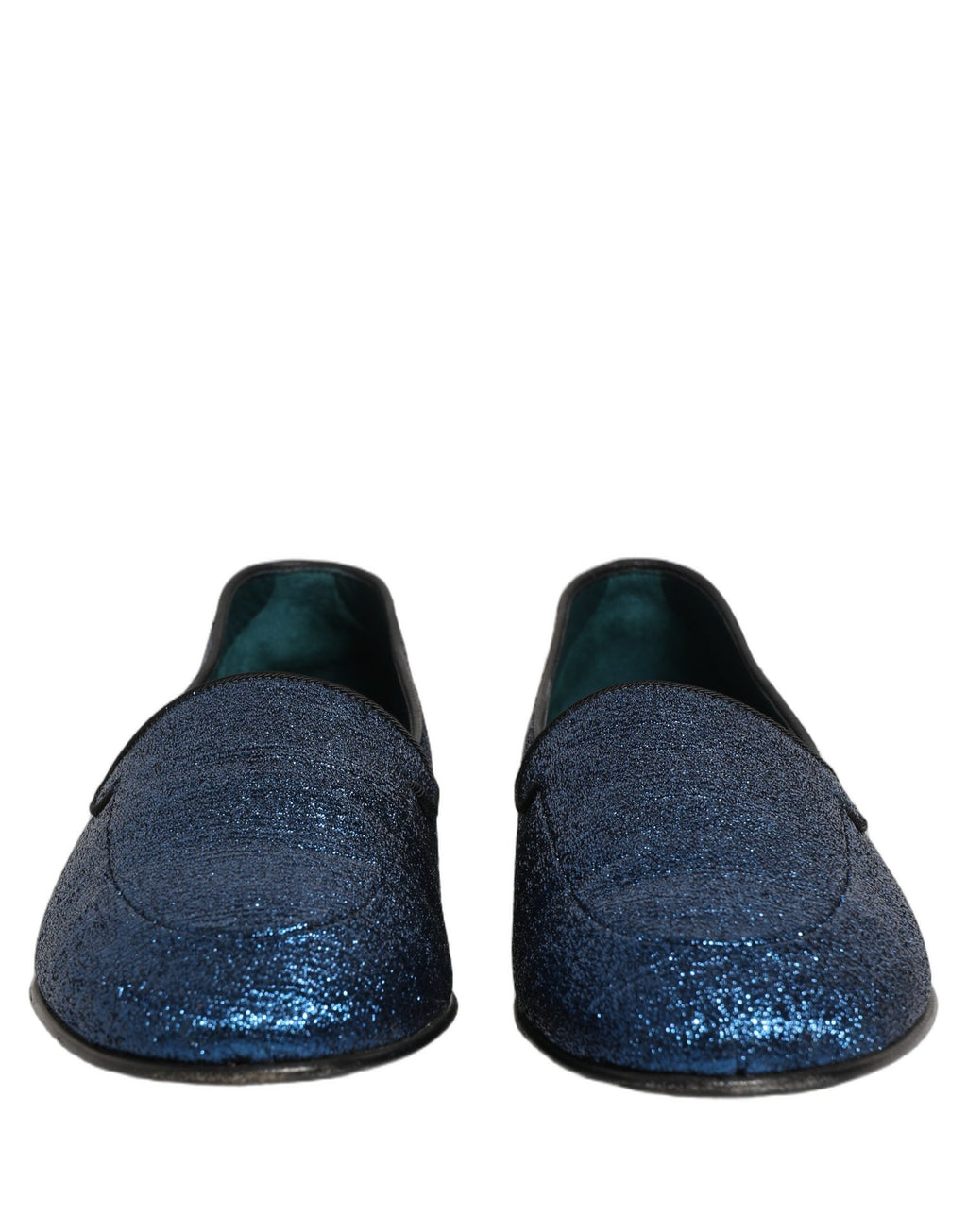 Chaussures loafers Dolce & Gabbana en glitter bleu avec logo DG, style élégant et brillant, vues en gros plan.