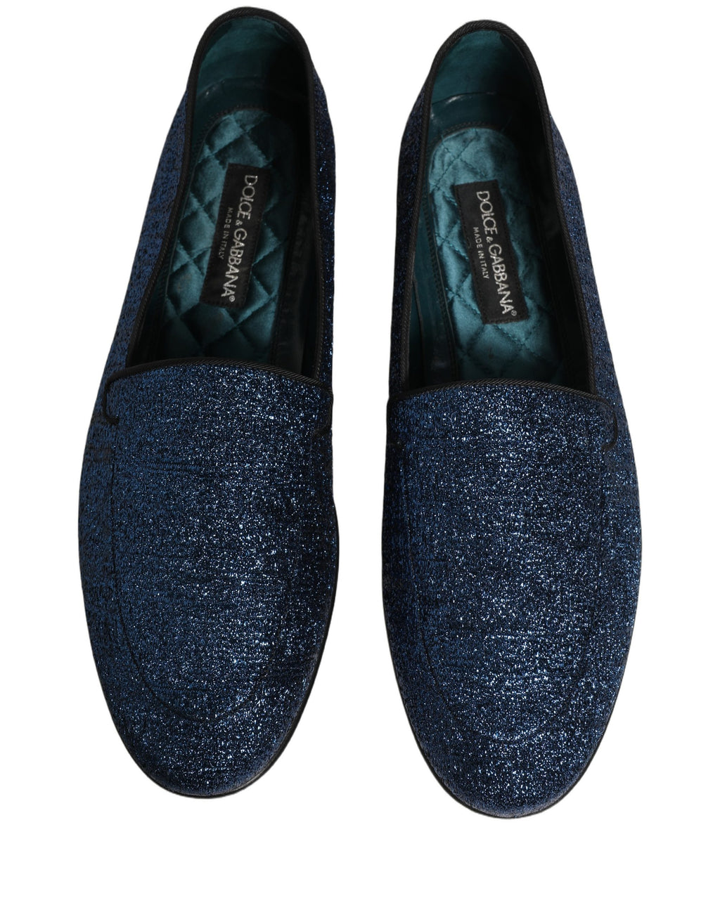 Chaussures loafers Dolce & Gabbana en glitter bleu et lurex avec logo DG, élégantes et brillantes, vues en gros plan.