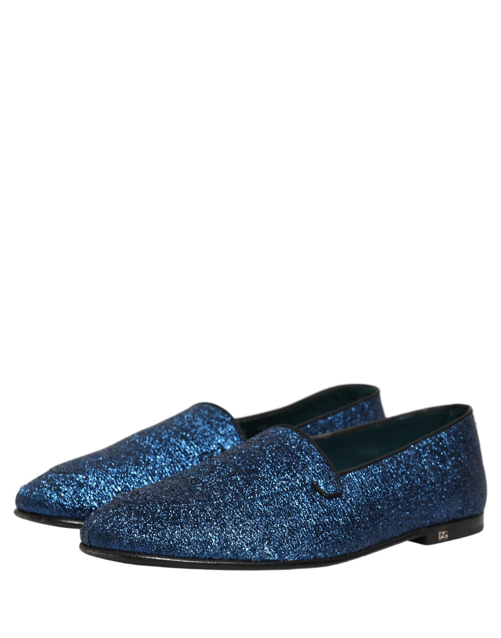 Chaussures loafers Dolce & Gabbana en cuir bleu à paillettes et logo DG, style élégant et brillant.
