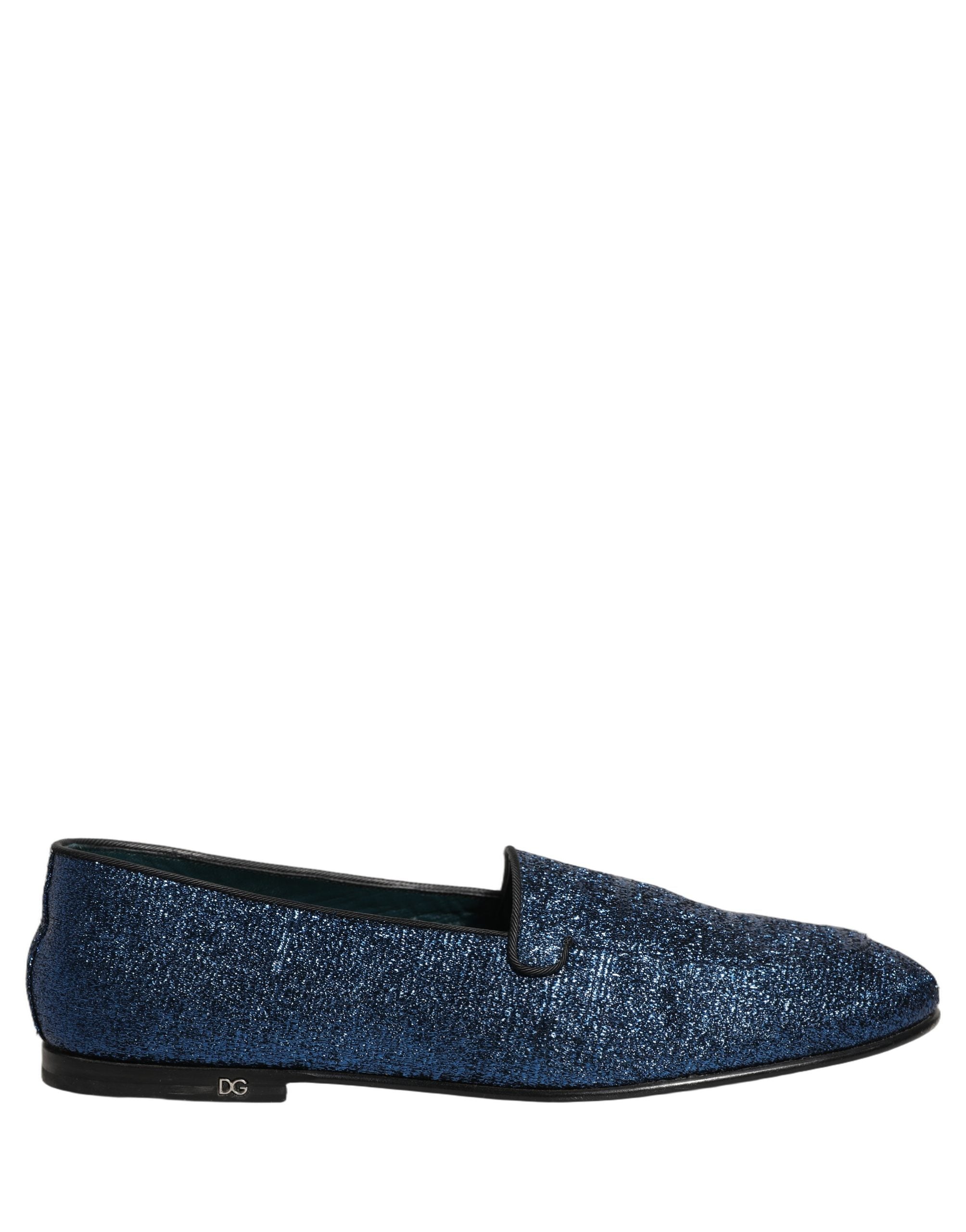 Chaussures Dolce & Gabbana en cuir avec logo DG, glitter bleu, style mocassins élégants et brillants.