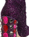 Bottes hautes Dolce & Gabbana en lurex violet avec cristaux, style fantaisie et design luxueux.